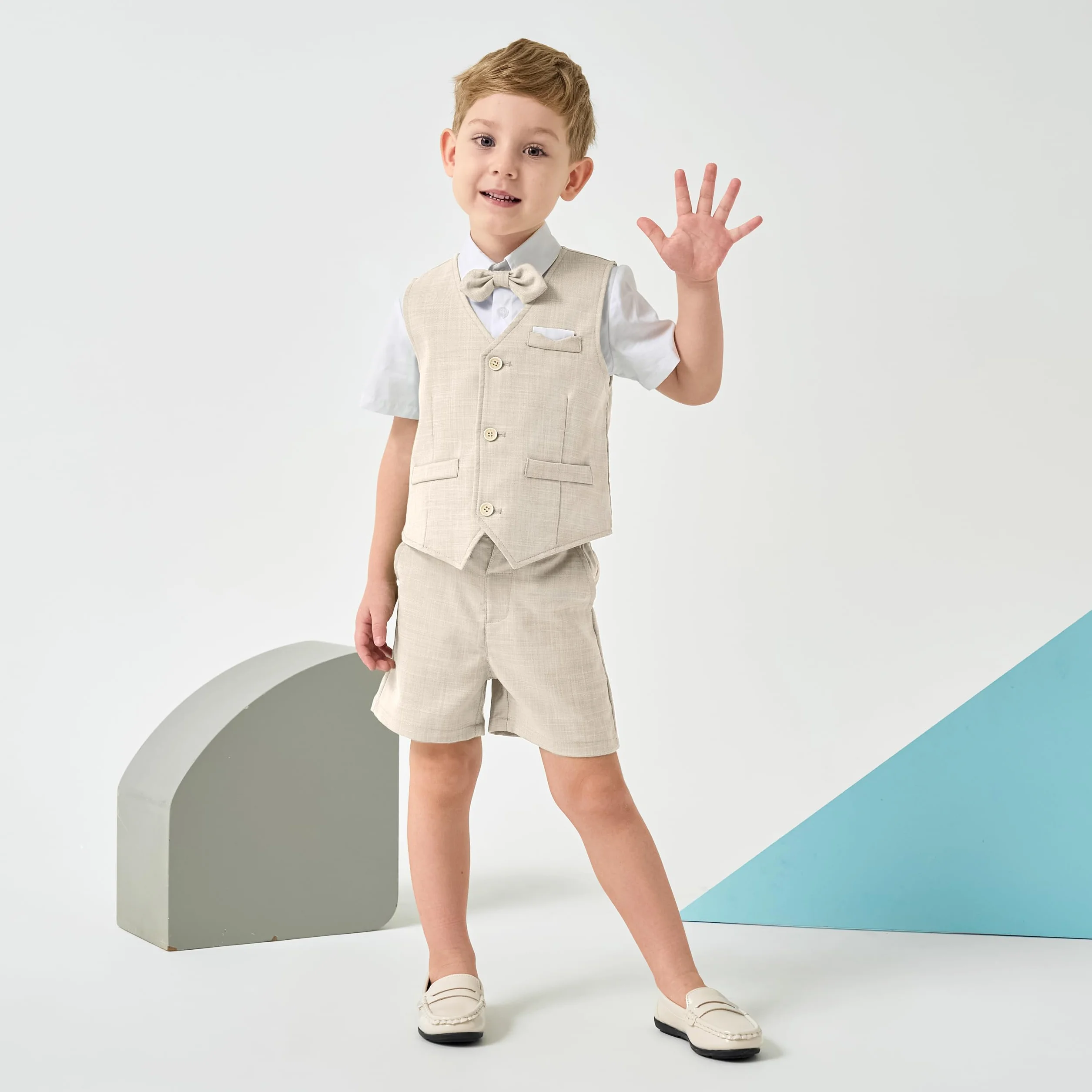 Volunboy Bébé Garçon Ensemble Costume Mariage d'été 4 Pièces Manches Courtes Gilet Chemise