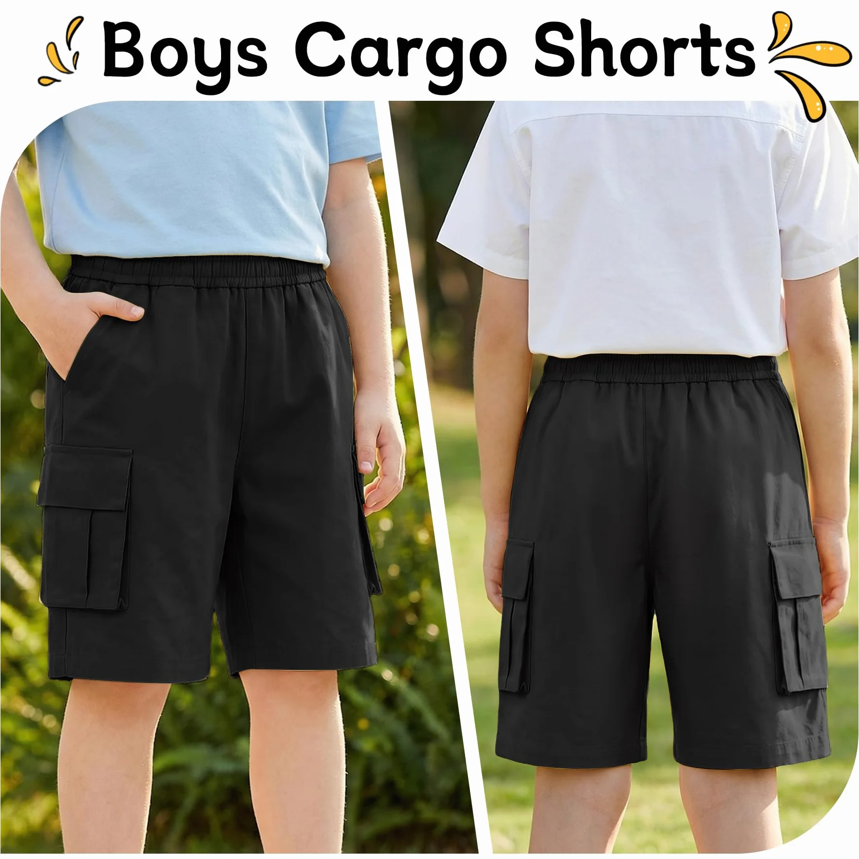 Short Cargo Garçon Ceinture Élastique Multi-Poches Léger Pantalon de Sport Respirant Enfants 7-15 Ans