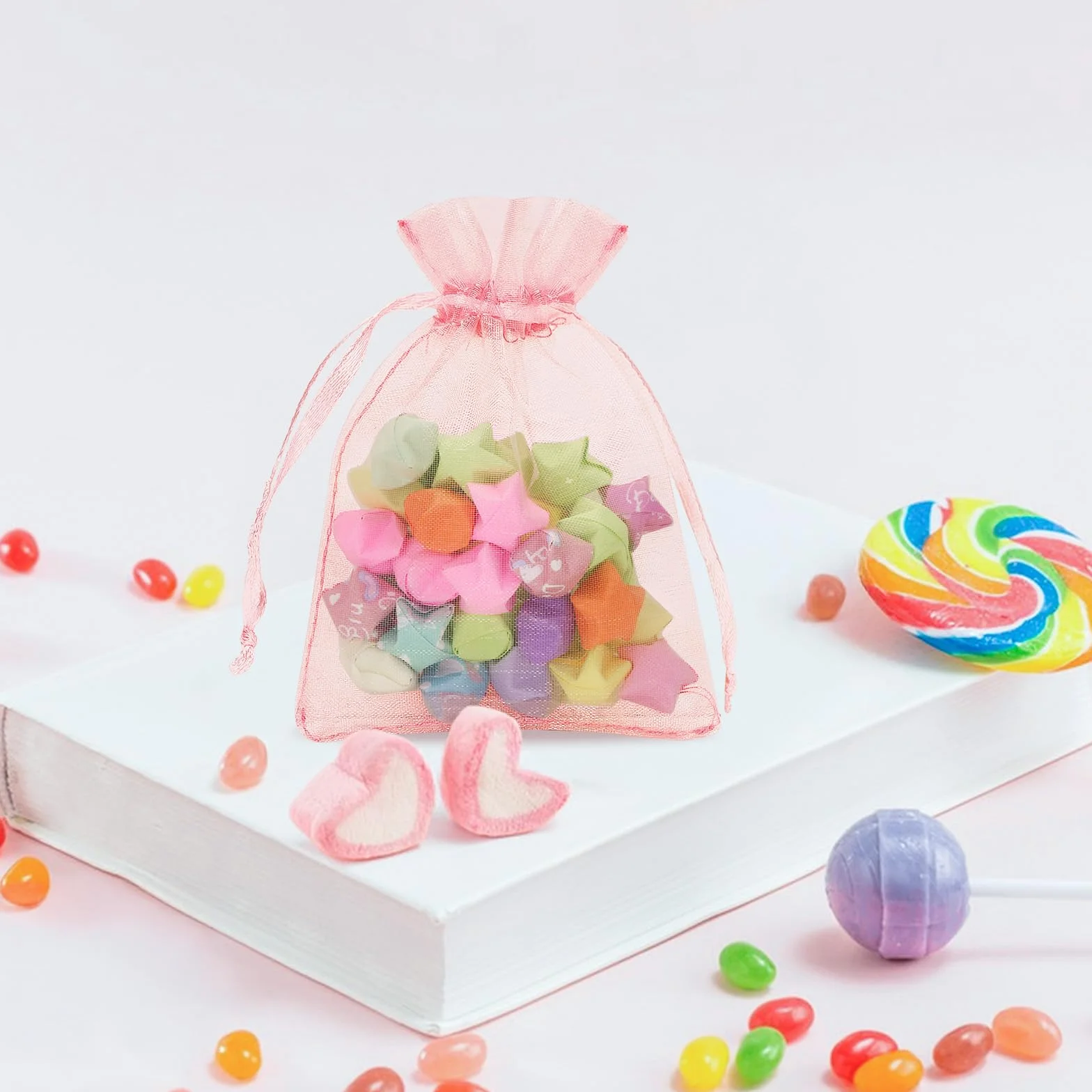 Lot de 50 sachets en organza rose bébé 7 x 9 cm avec cordon de serrage transparent pour bijoux cadeau mariage