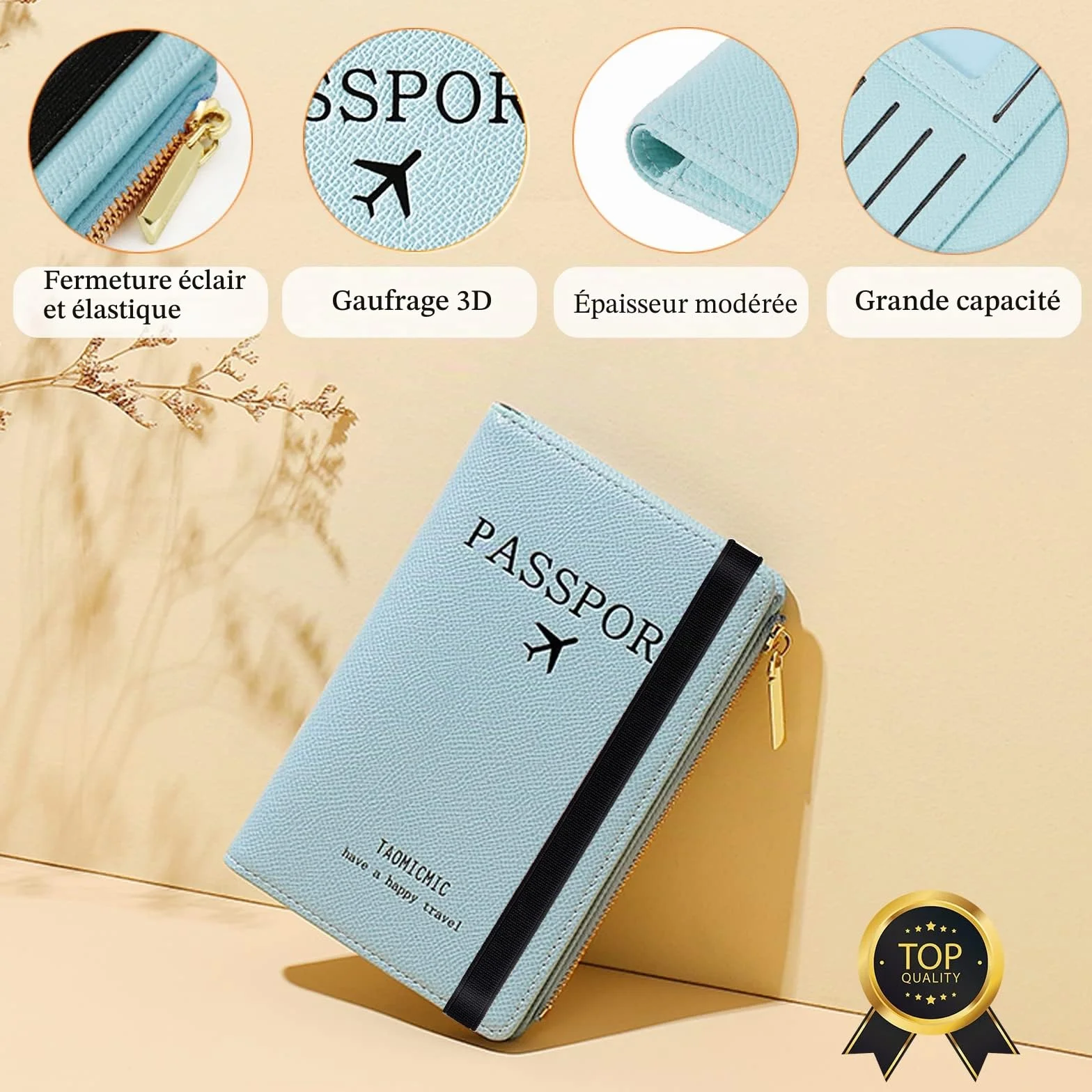 Toctax Protege Passeport Cuir Artificiel RFID-Blocker Pochette Passeport Zippé Bleu