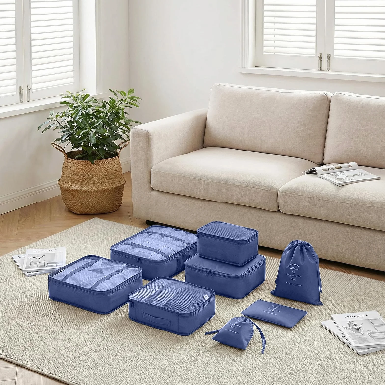 Organisateur Valise 8 Pièces, Packing Cubes de Voyage, Sacs Rangement Accessoires pour Vêtements Chaussures Cosmétiques Bleu Marine