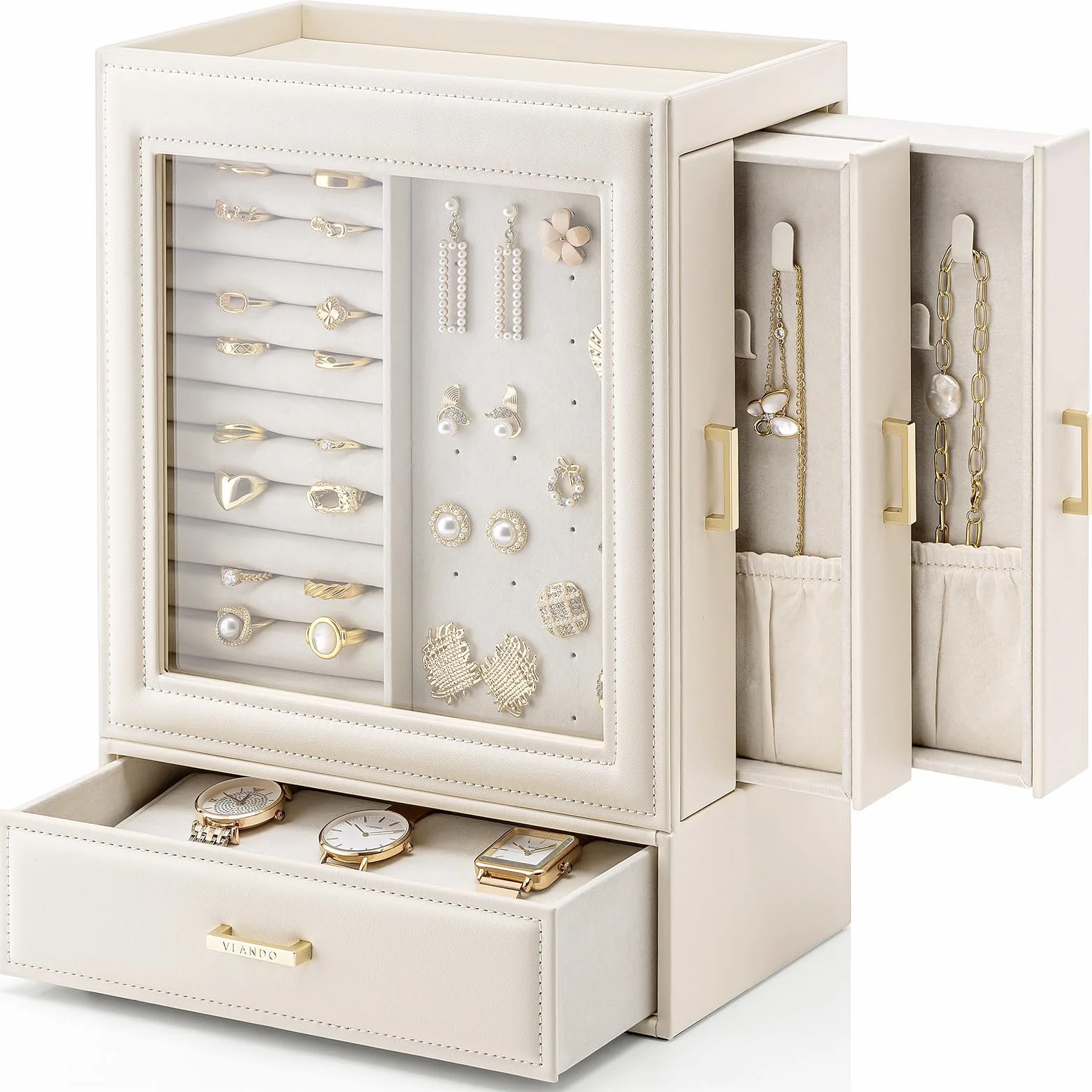 VALNDO Armoire à bijoux 5 niveaux avec couvercle en verre, tiroirs latéraux, organisateur vertical beige-rose