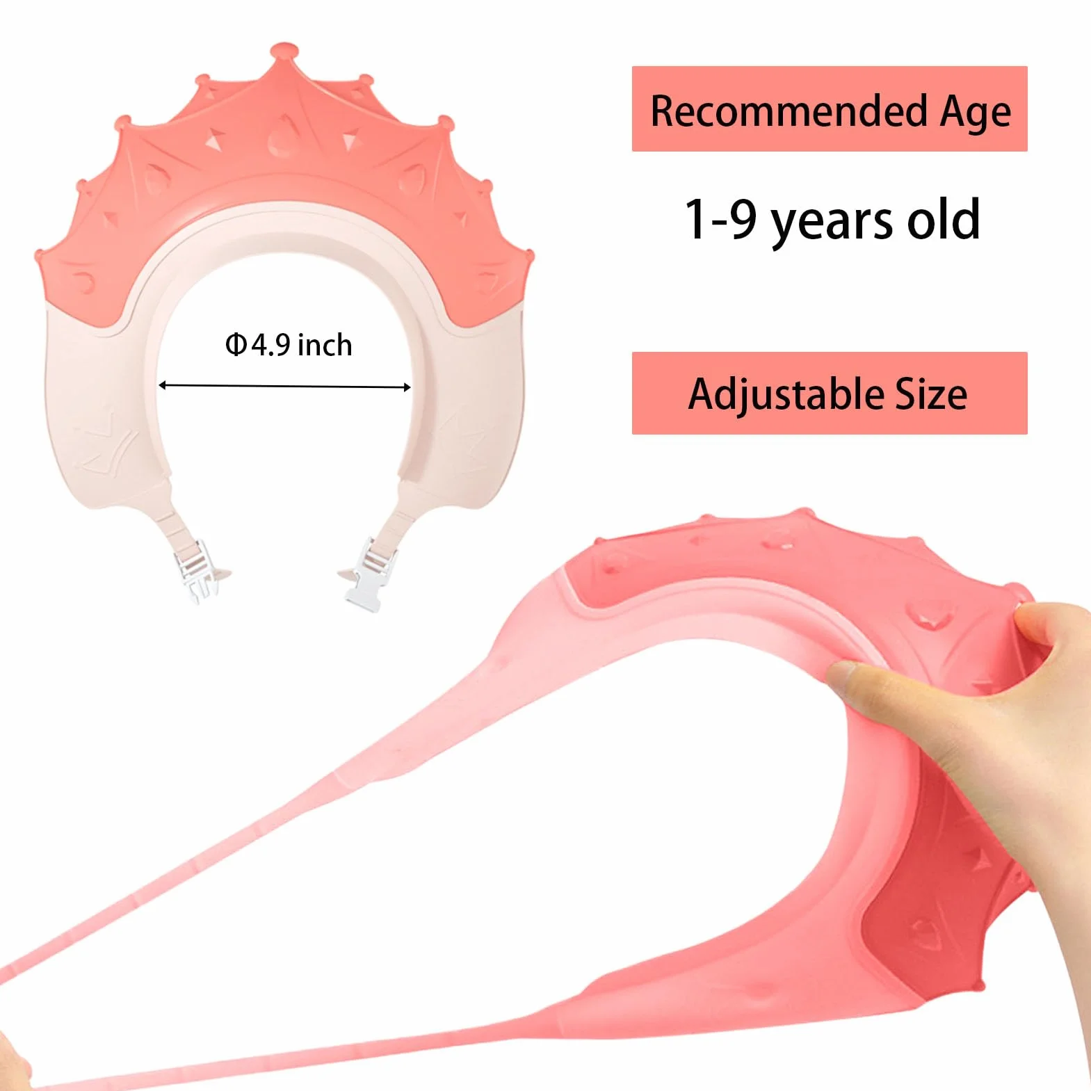 Visière Bain Bébé Chapeau Douche Enfant Ajustable en Silicone Casquette Douche 1-9 Ans Couronne Rose