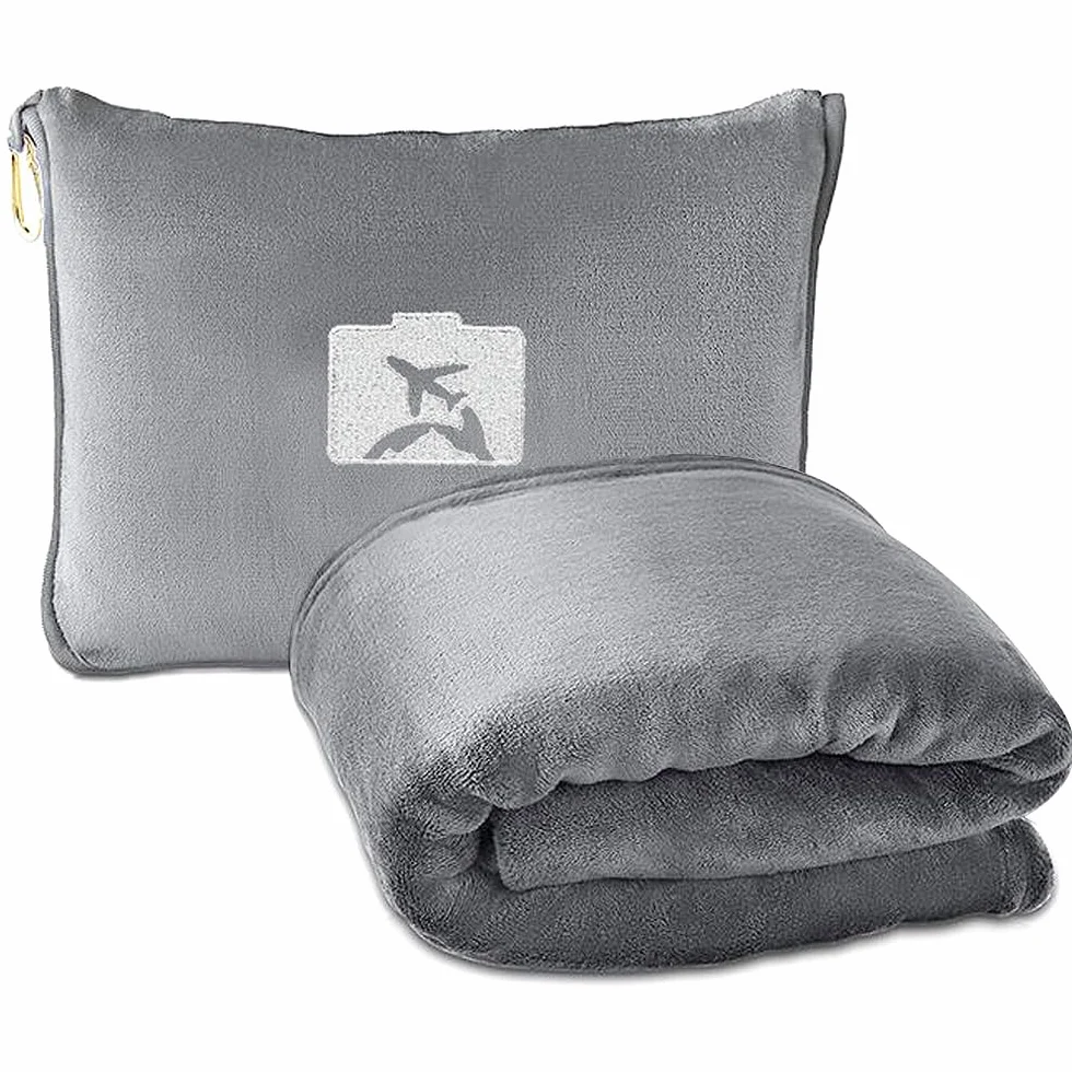 Couverture de Voyage 2 en 1 Coussin Transformable Doux et Chaud Gris