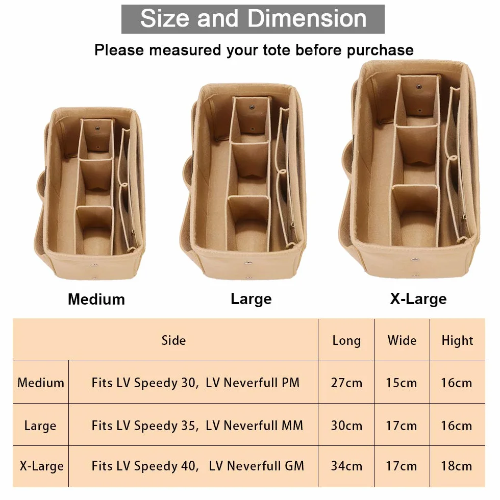 Organiseur de Sac à Main en Feutre pour Speedy 35 et Neverfull PM Beige L