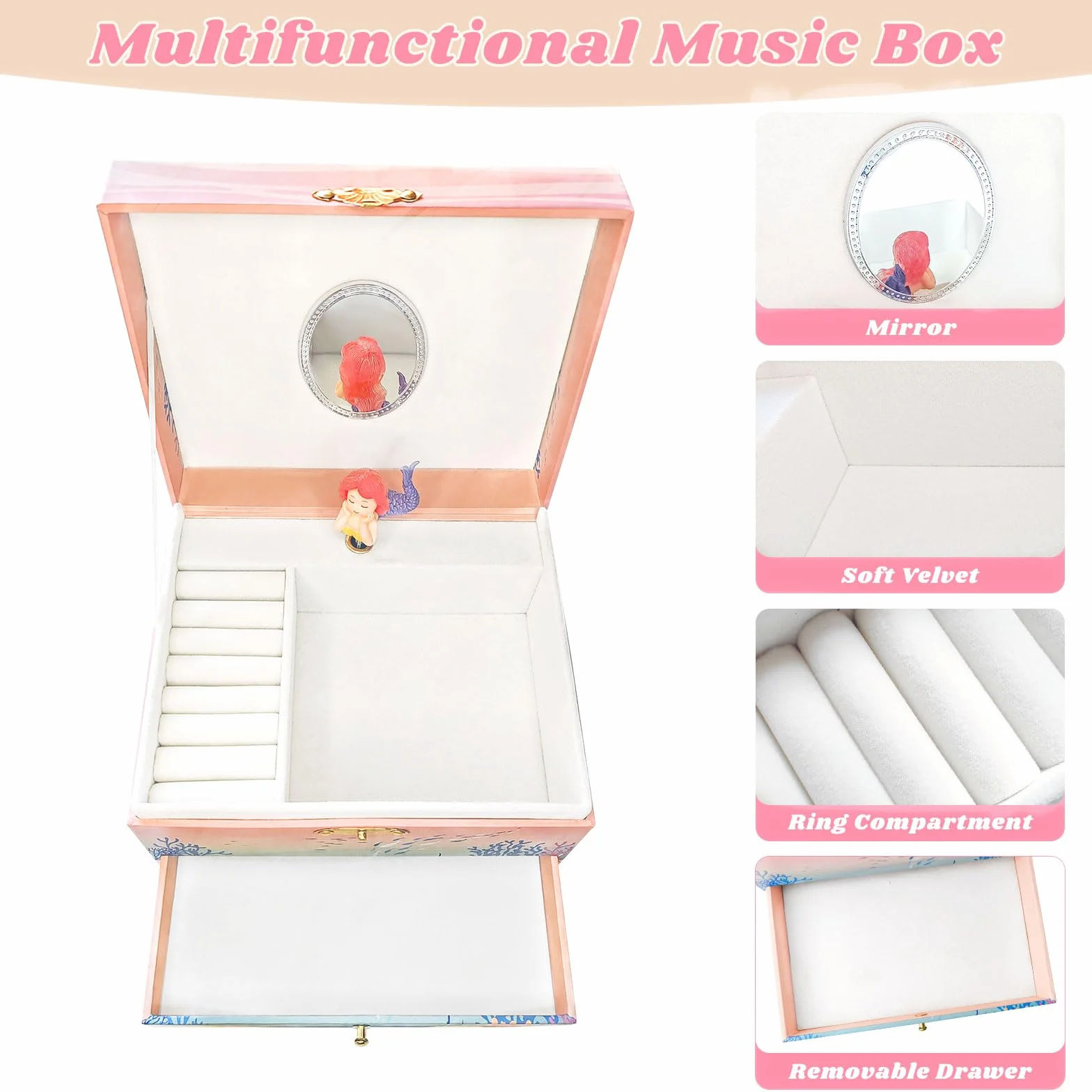 KOMABLEN Sirène Boîte à Bijoux Fille avec Miroir, Boîte à Musique Enfant 4 Parure de Bijoux et Protege Angle Cadeau Anniversaire 3-10 ans