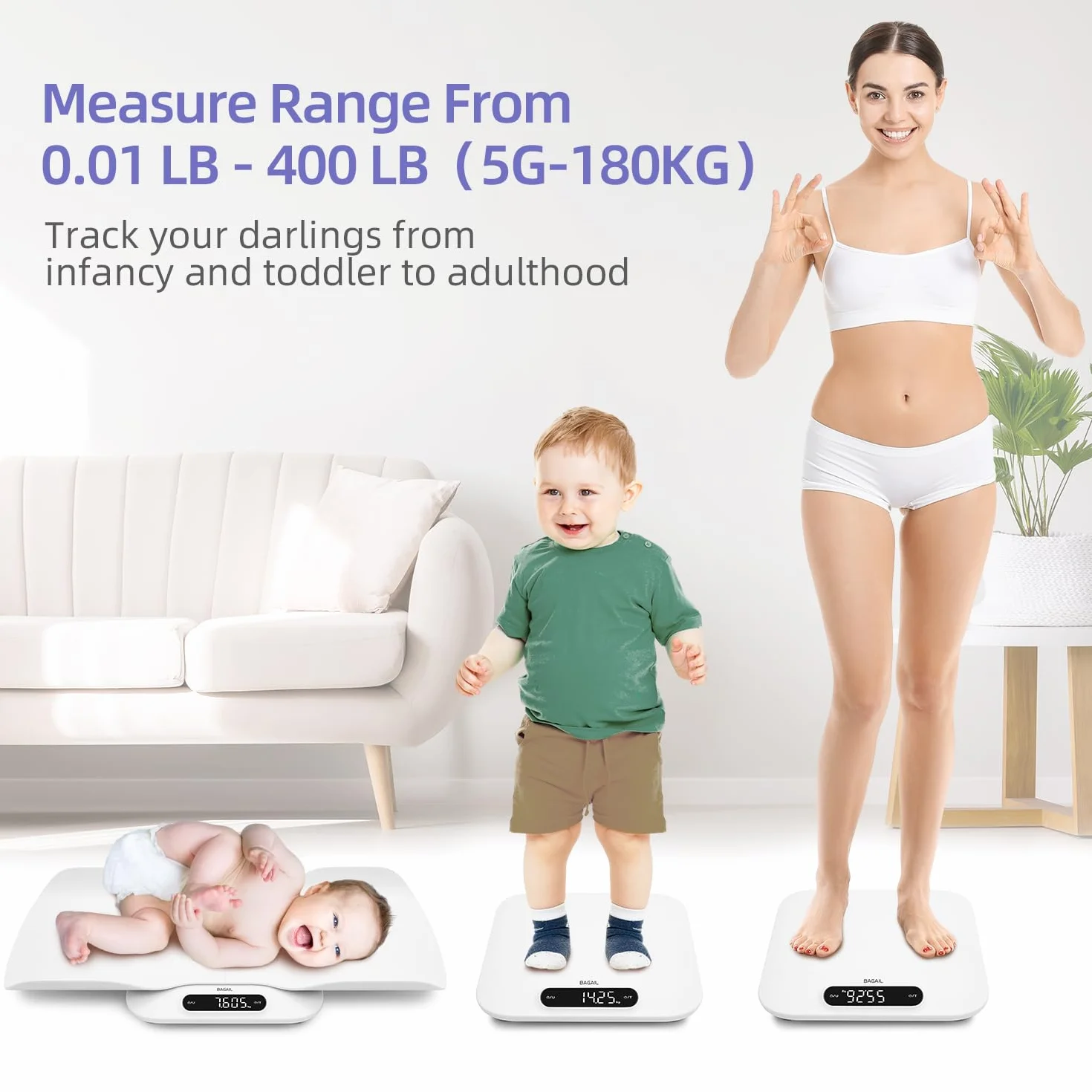 BAGAIL Pèse-bébé numérique 180kg plateau amovible tare verrouillage comparaison auto