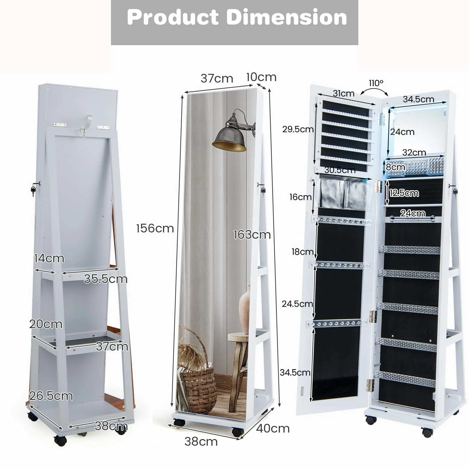 HOMASIS Armoire à bijoux sur roulettes avec lumières LED 3 couleurs, étagères réglables, miroir, 40 x 38 x 163 cm
