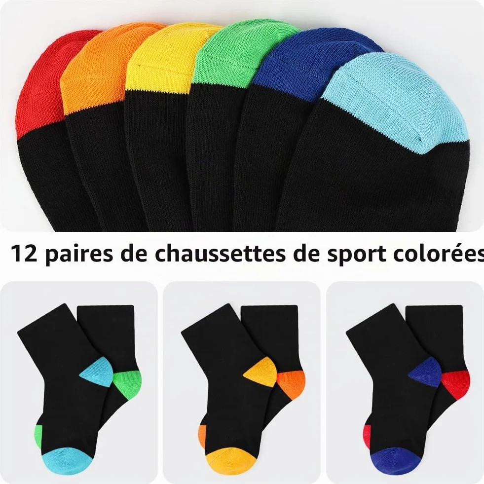Chaussettes de sport pour Enfants, Coton, Respirantes, Paire de 12, Football Tennis