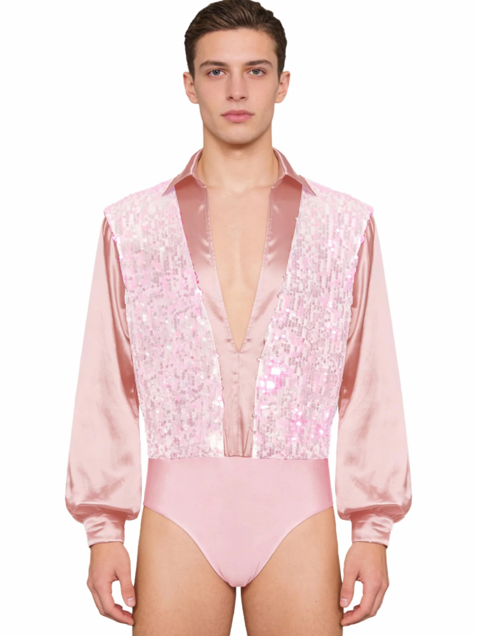 Combinaison Danse Latino Américain Homme Chemise Tango Paillettes Leotard Ballet Manches Longues