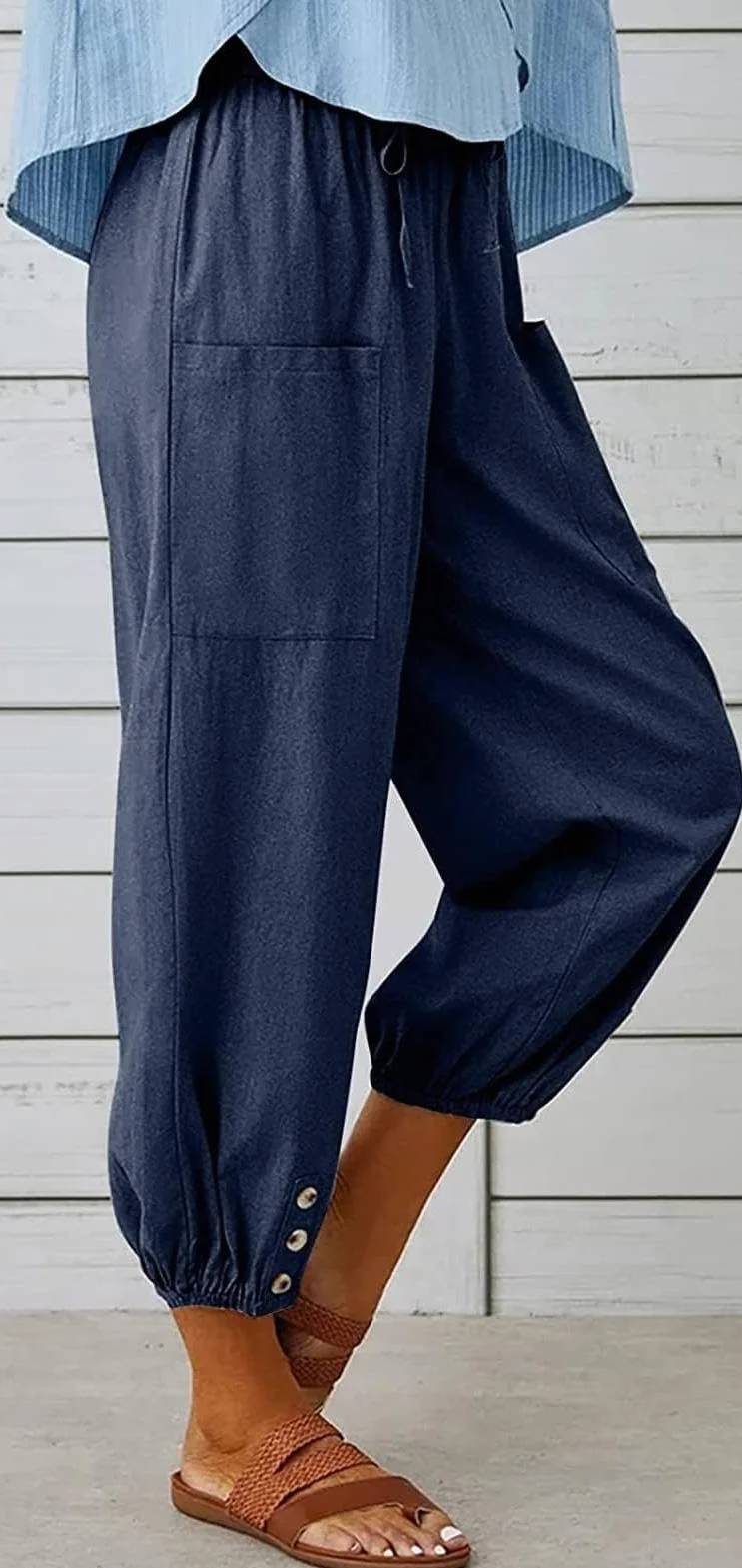 Pantalon 7/8 Femme Lin Ample Longueur Cordon Poches Été