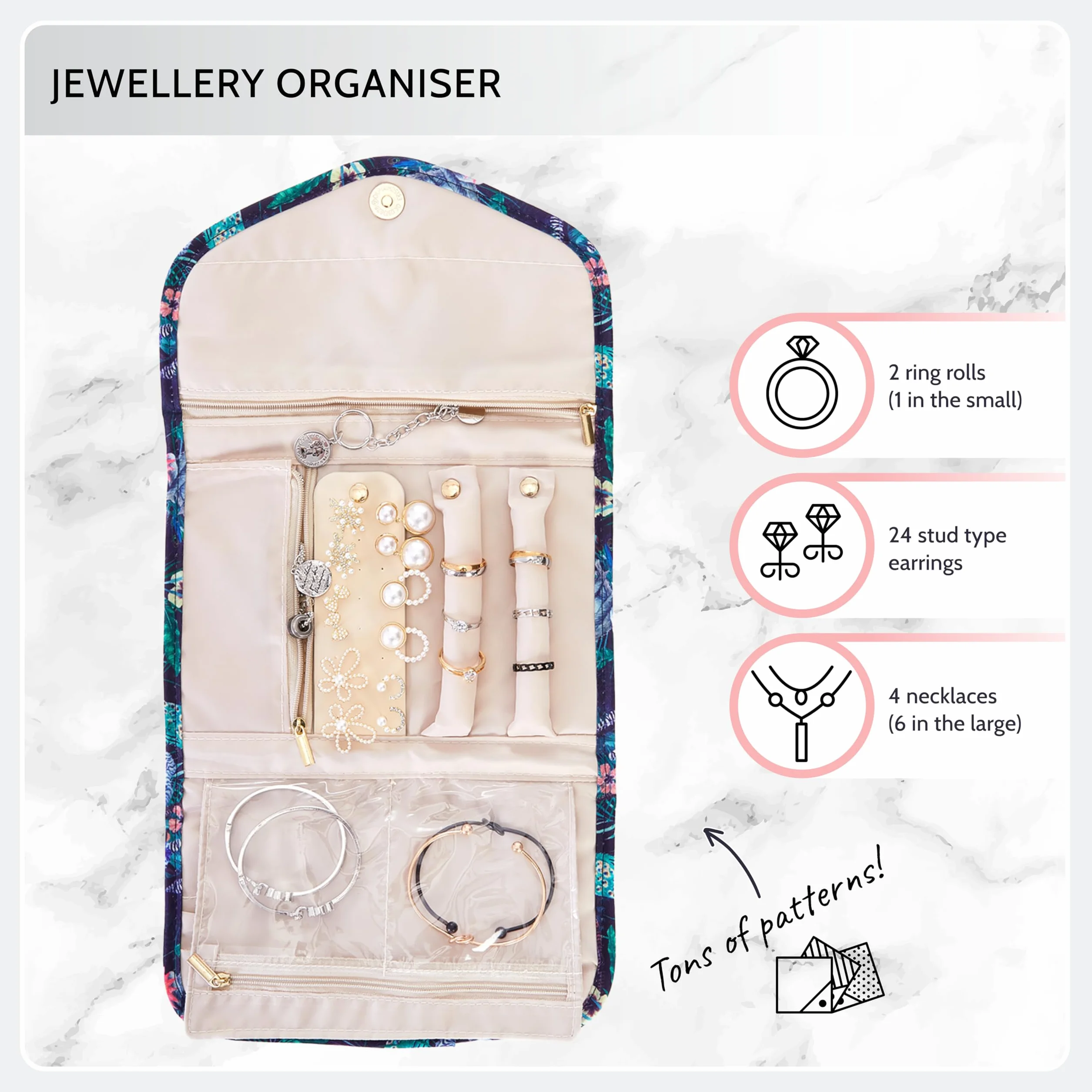 Periea Cleo Organisateur de Bijoux en Rouleau de Voyage – Pochette Protecteur pour Boucles d'Oreilles, Collier et Bagues (Toucan, Moyen)