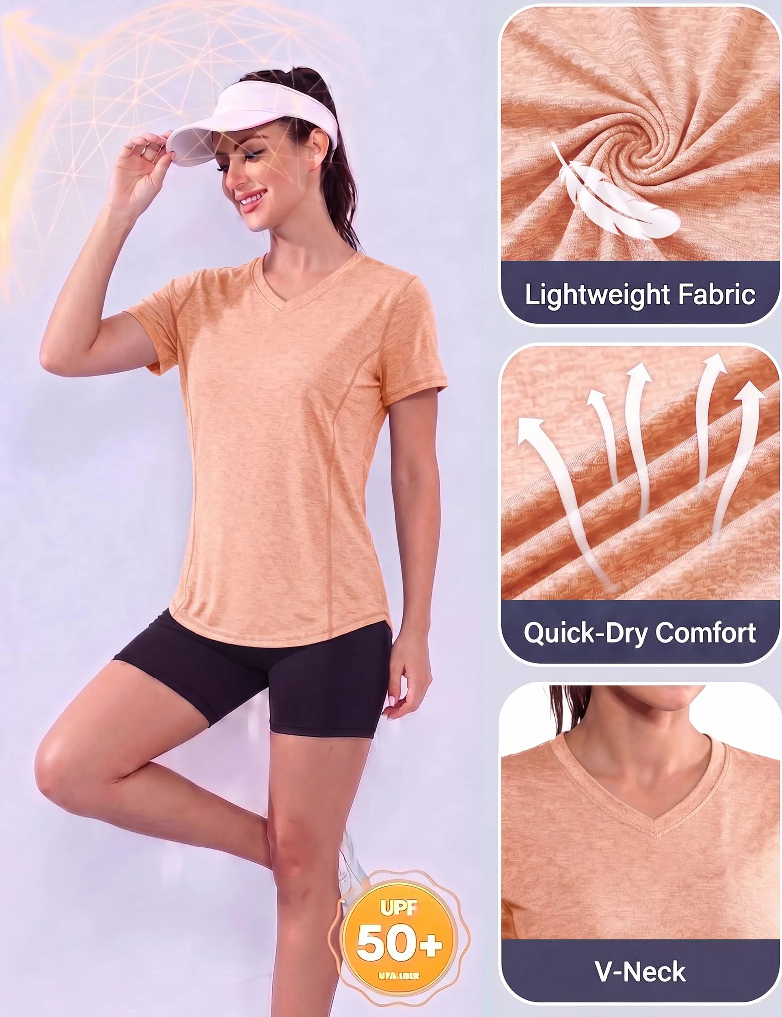 T-Shirt Sport Femme Col en V Manches Courtes Respirant Léger Séchage Rapide Yoga Running Fitness