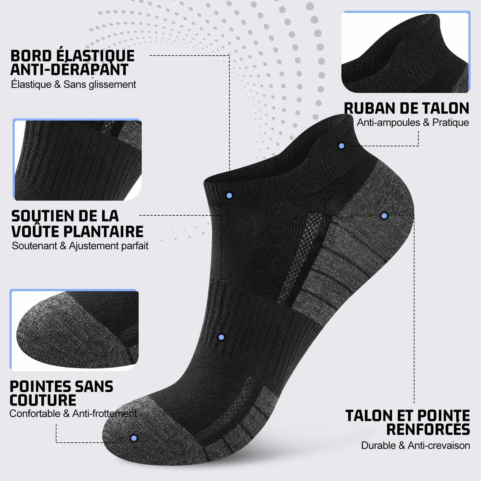 Chaussettes Basses Homme Femme Coton Courtes Respirantes Antidérapantes Sport Running Unisexe Noir Blanc Gris