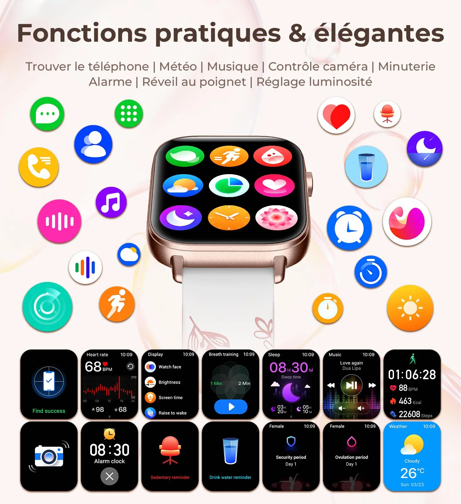 Montre Connectée Femme Iaret 1.83" Smartwatch 4 Bracelets Or Rose Appels HD 110+ Modes Sport Moniteur Cardiaque