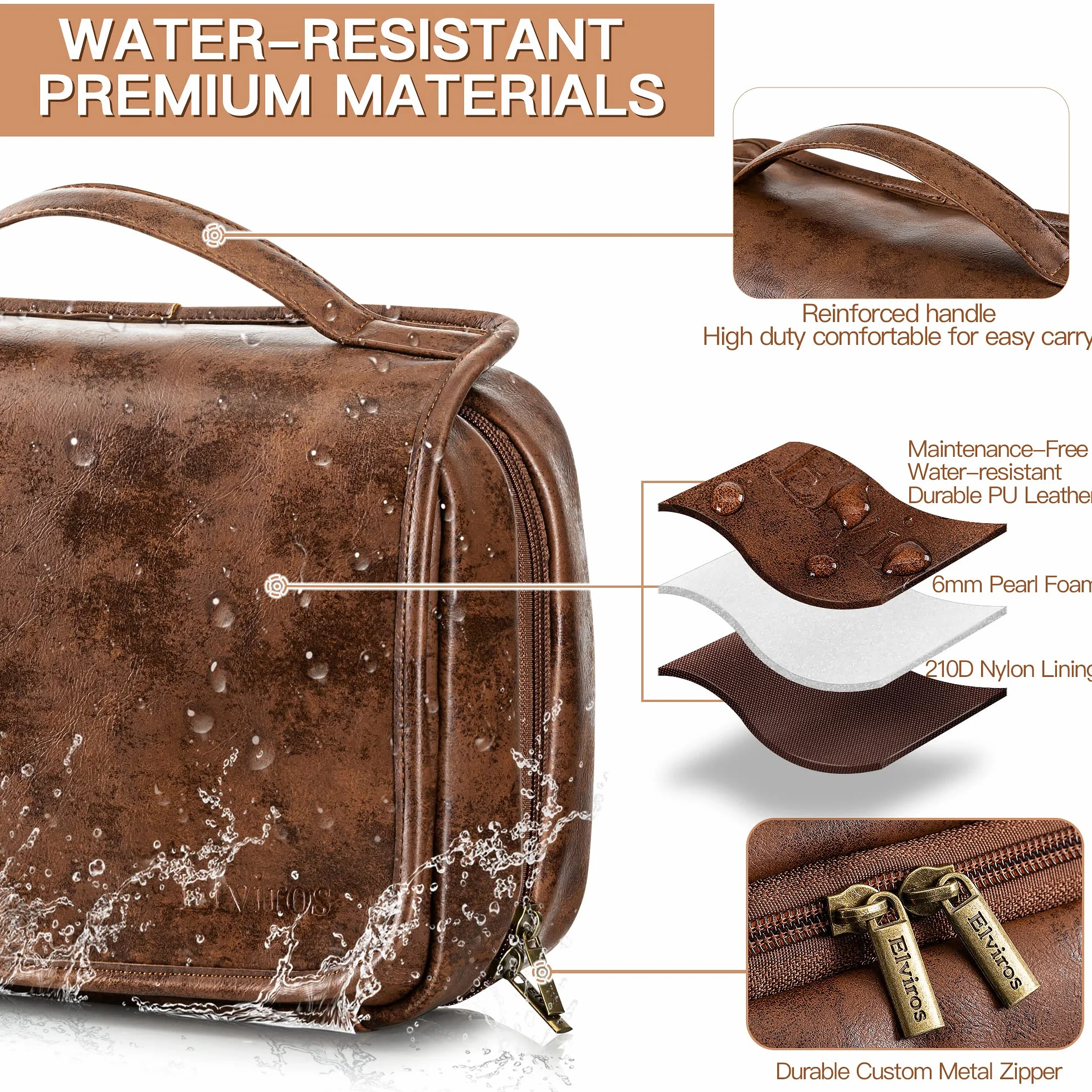 Trousse de Toilette Homme Femme Voyage Grande Capacité Crochet 3 en 1 Maquillage Amovible Cuir PU Imperméable 28 x 22 x 10 cm Marron Foncé