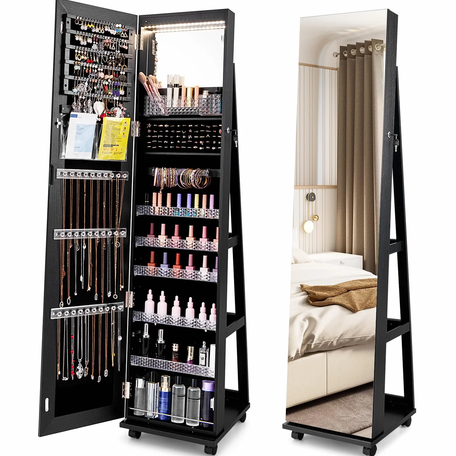 COSTWAY 3 en 1 Armoire à Bijoux sur Roulettes avec Miroir Psyché et Lumières LED, Verrouillable, Noir