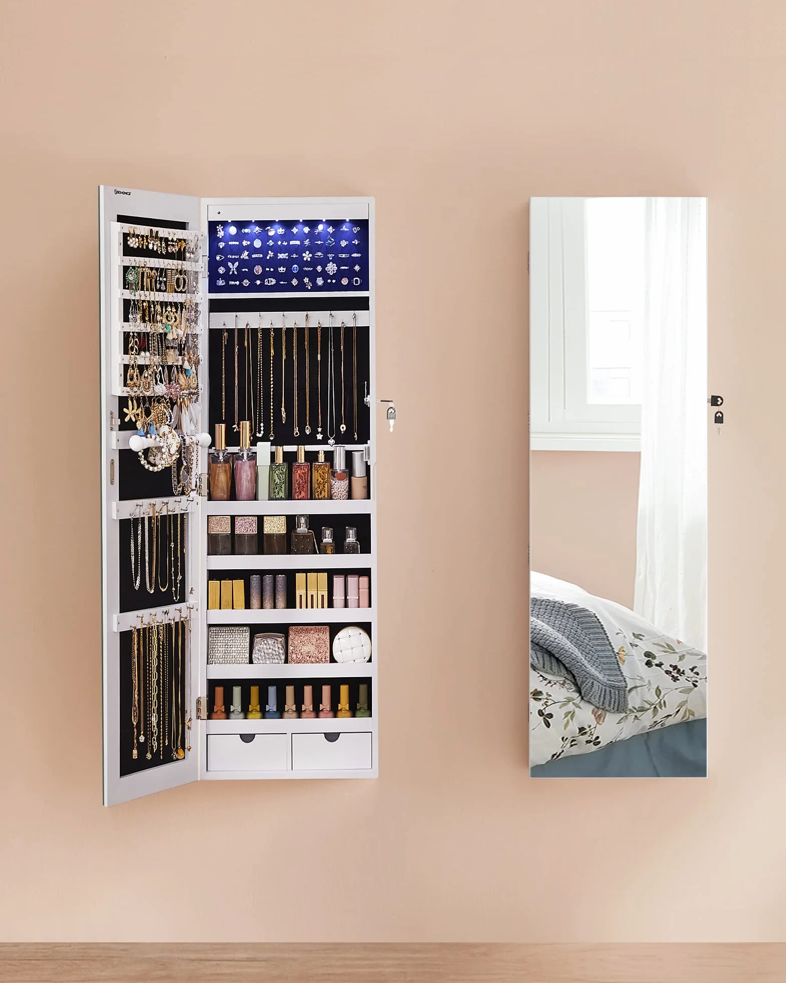 SONGMICS Armoire à Bijoux avec Miroir Long, 6 Lampes LED, 2 Tiroirs, Blanc JJC99WT