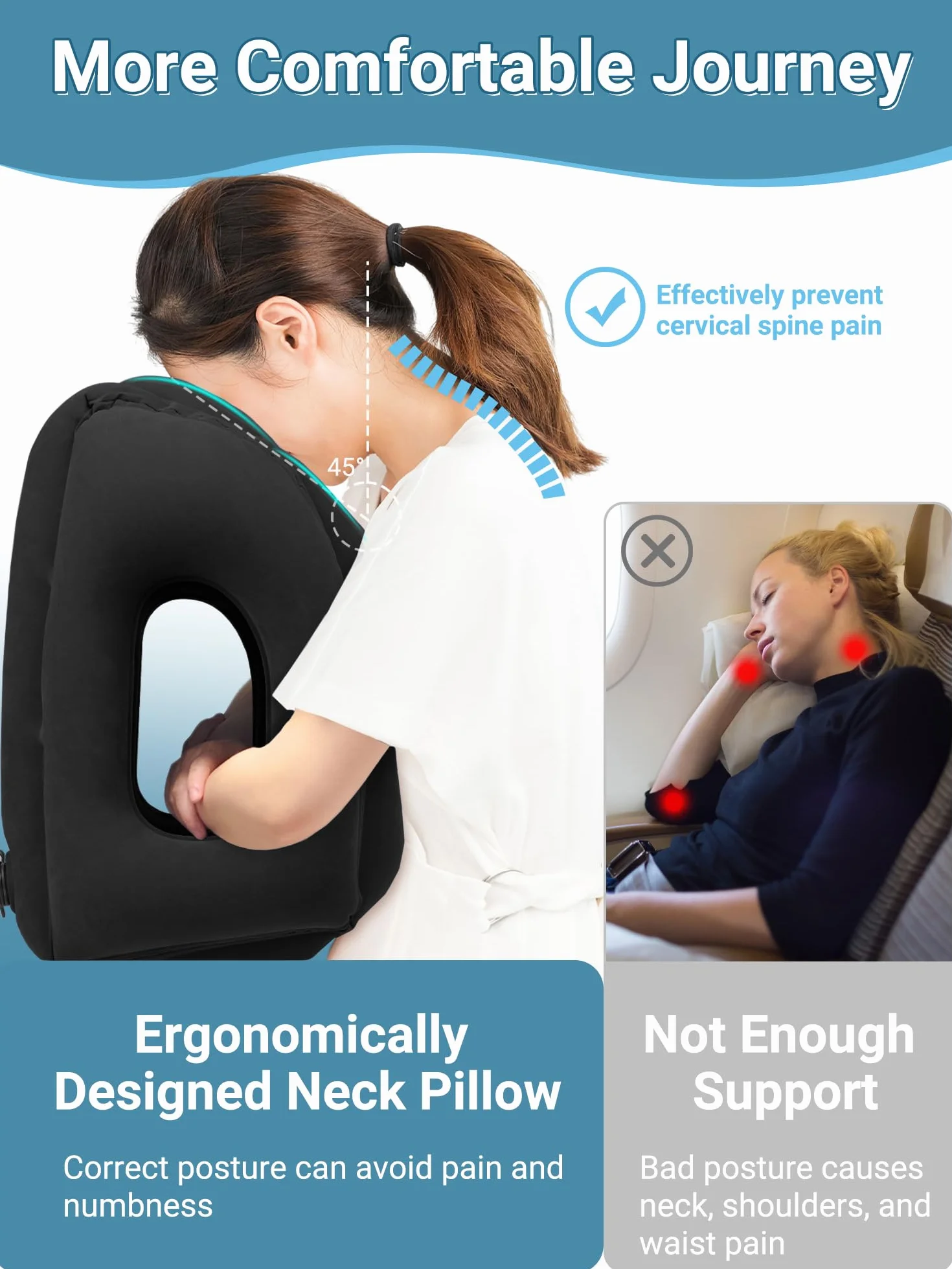 Oreiller de Voyage Gonflable Maliton avec Support d'appui-tête, Coussin Pliable pour Avion, Train, Maison ou Bureau - Noir