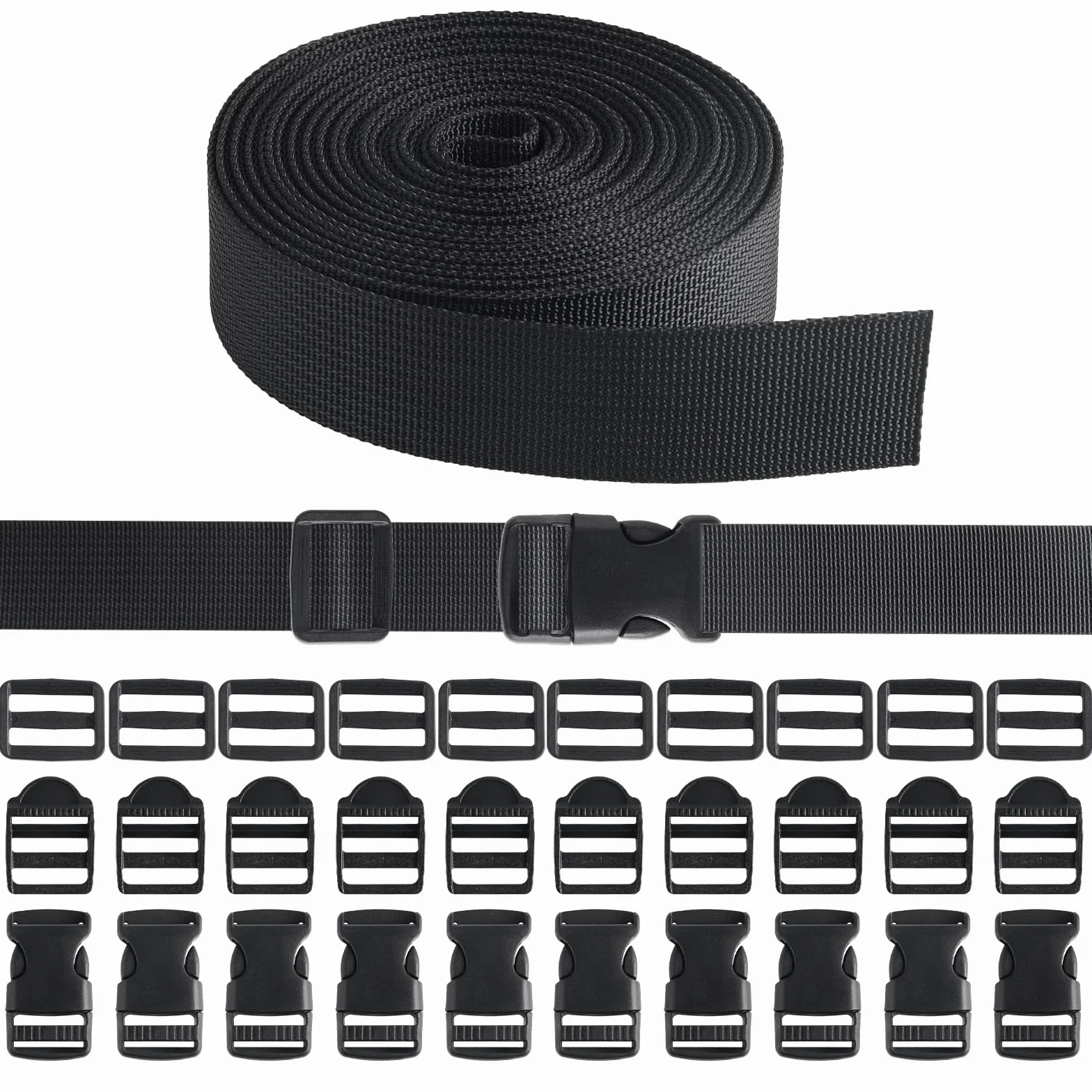 Sangle 25mm x 5m avec 10 Boucles Plastique Clip et 10 Tri-Glide Curseurs Plastique pour Sacs à Dos