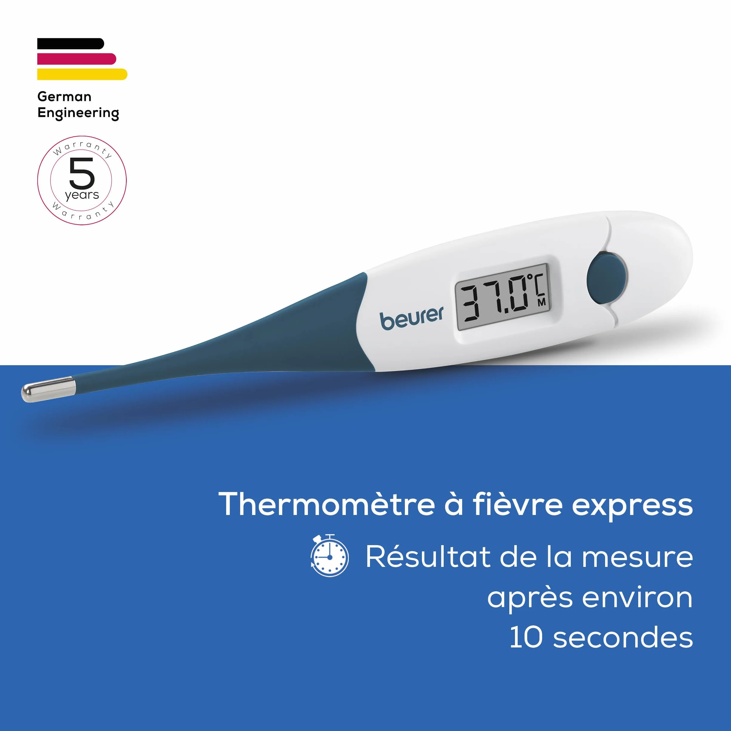 Beurer FT 17 Thermomètre clinique numérique, pointe flexible, mesure orale rectale axillaire, 10 s, indicateur fièvre