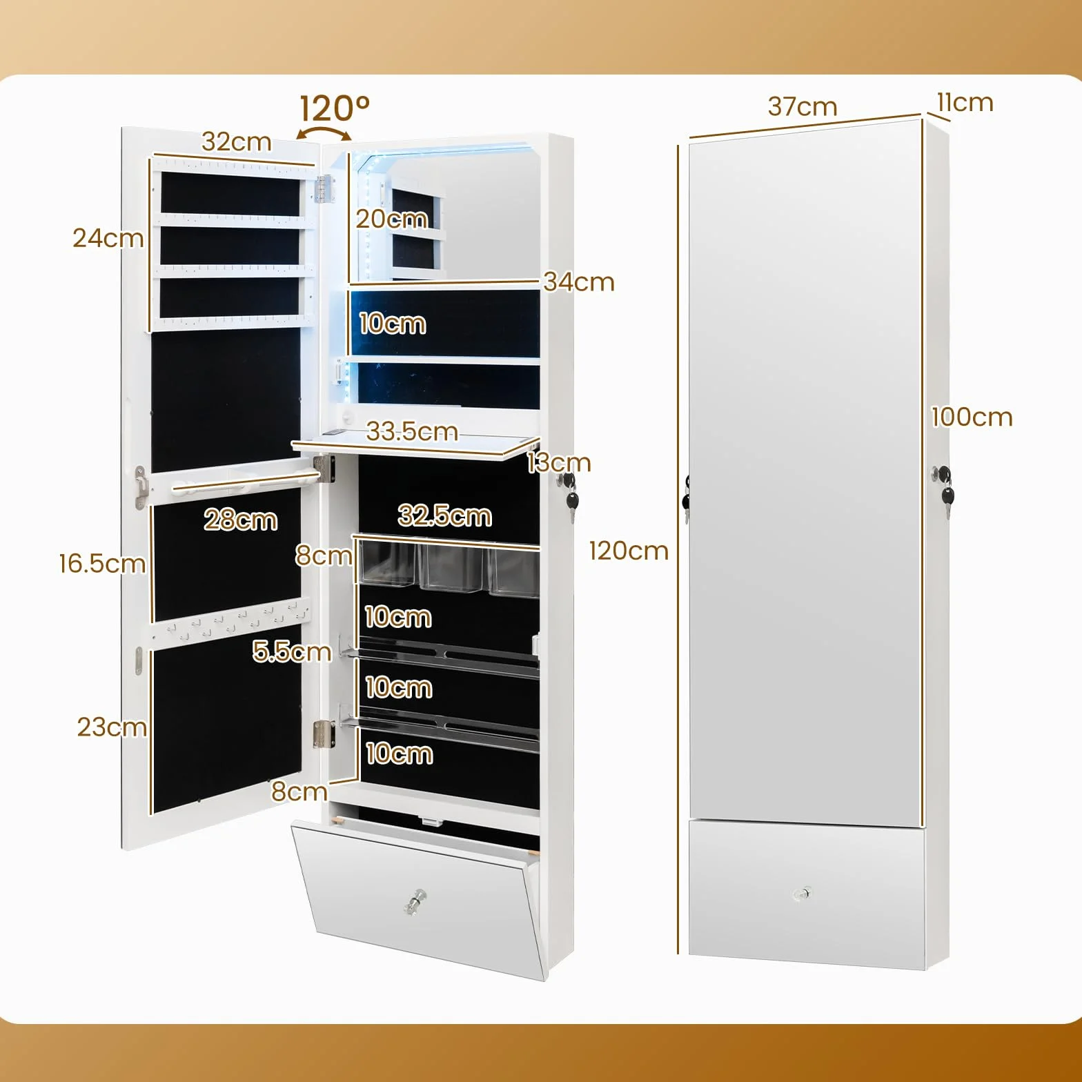 HOMASIS Armoire suspendue pour bijoux avec miroir et serrure, éclairage LED 3 couleurs, étagère pliable, 120 x 37 x 11 cm