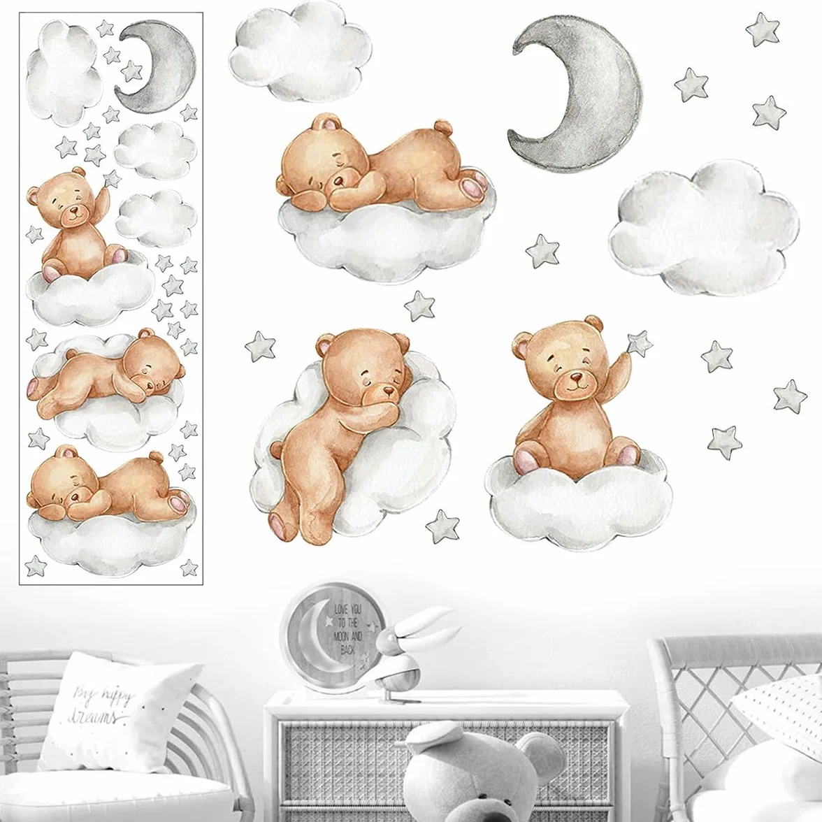 Sticker Mural Nounours 90x30 cm Autocollants Muraux Oursons pour Chambre Enfants