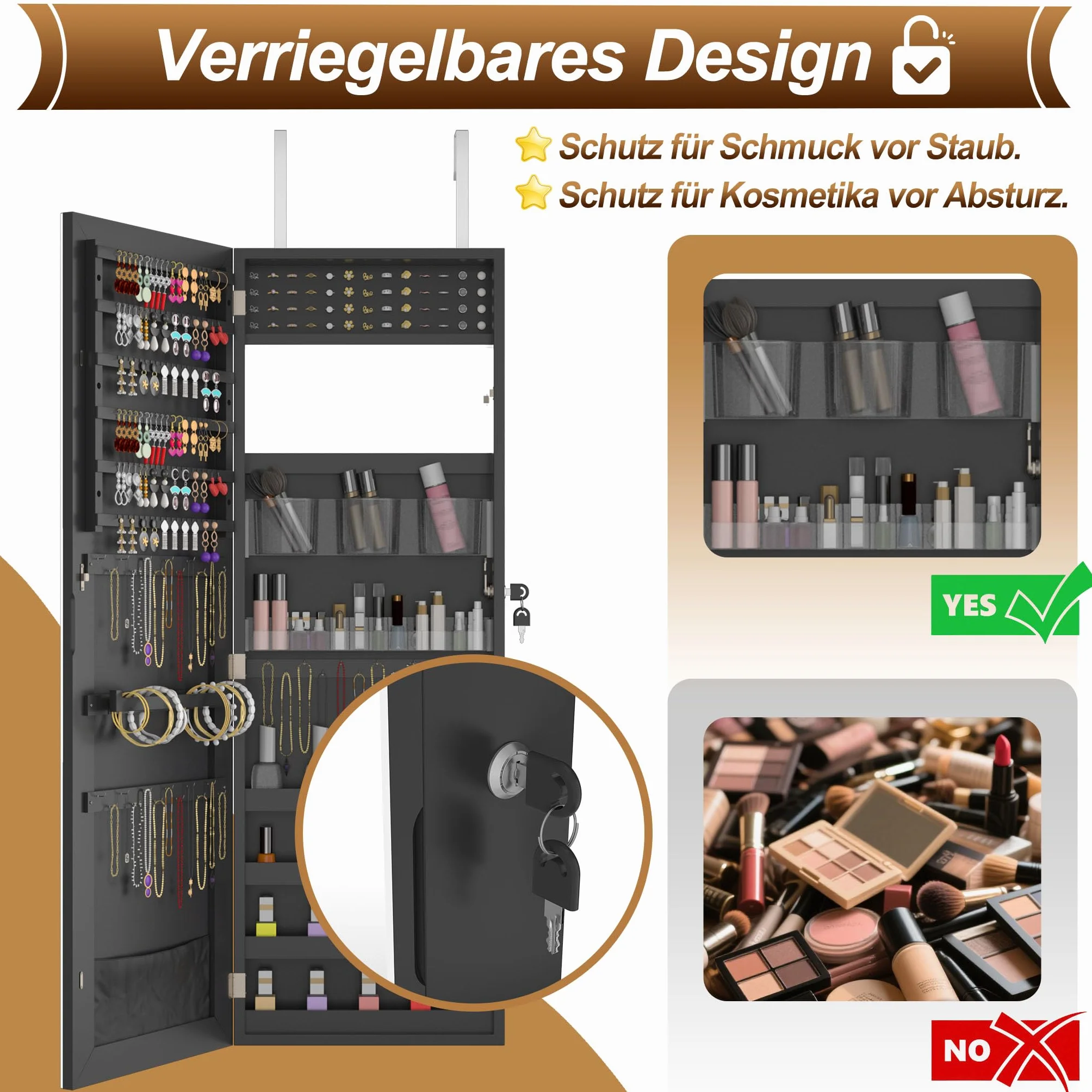 Armoire à bijoux avec miroir murale 2 en 1 107,5 x 36,5 x 9,5 cm Noir