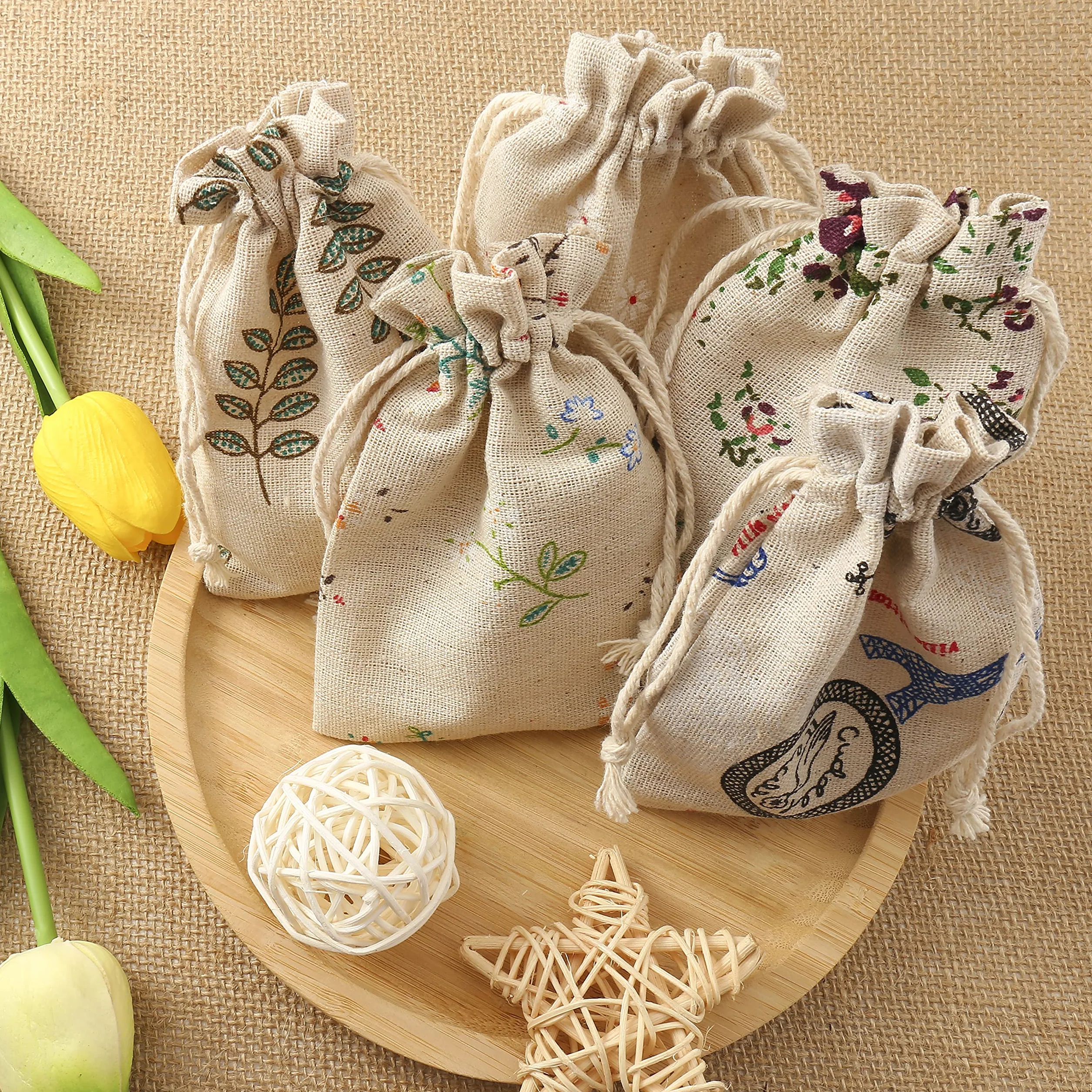HERZWILD 25pcs Petits Sacs en Coton Sac Toile de Jute avec Cordon de Serrage, Pochette Lin Réutilisable