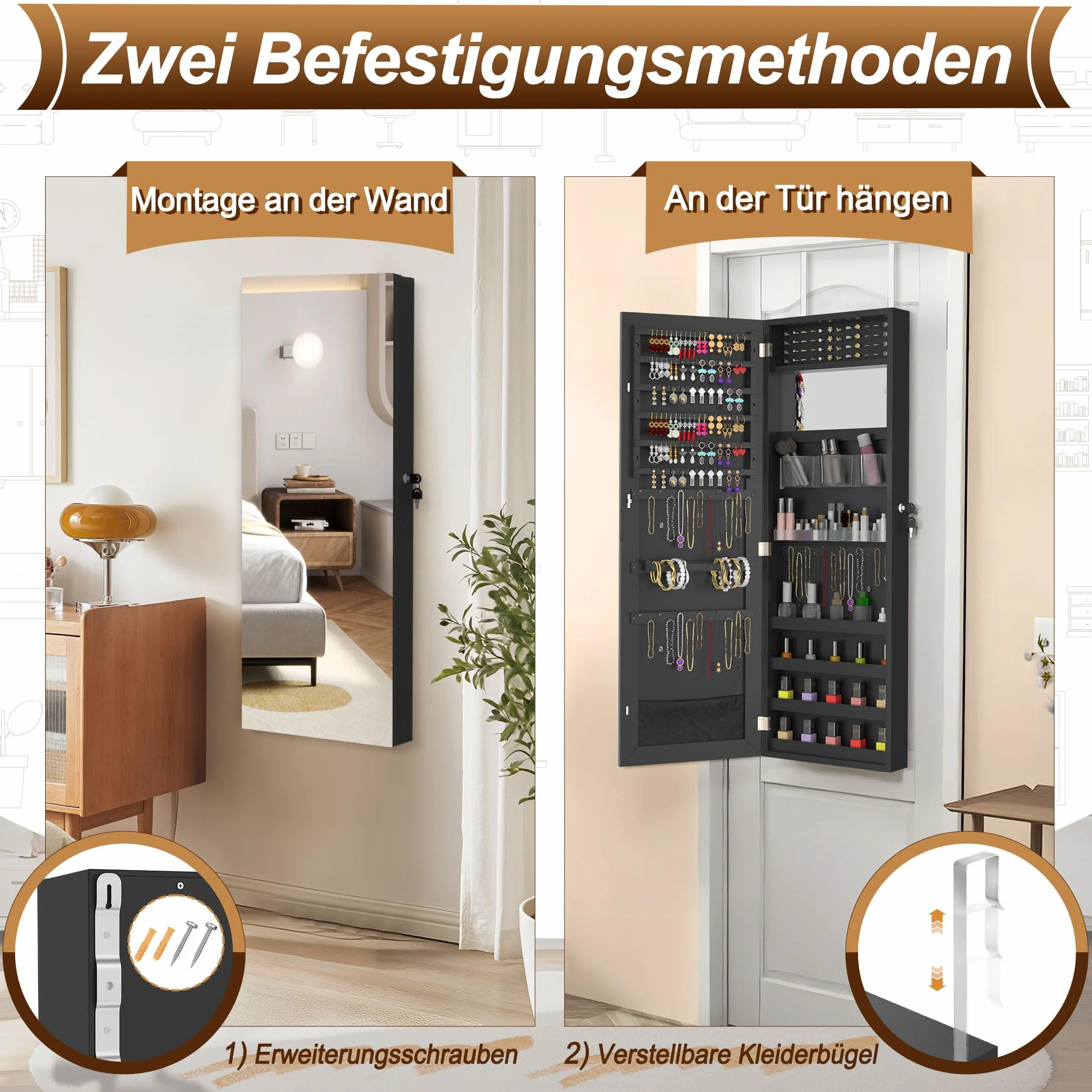 Armoire à bijoux avec miroir murale 2 en 1 107,5 x 36,5 x 9,5 cm Noir