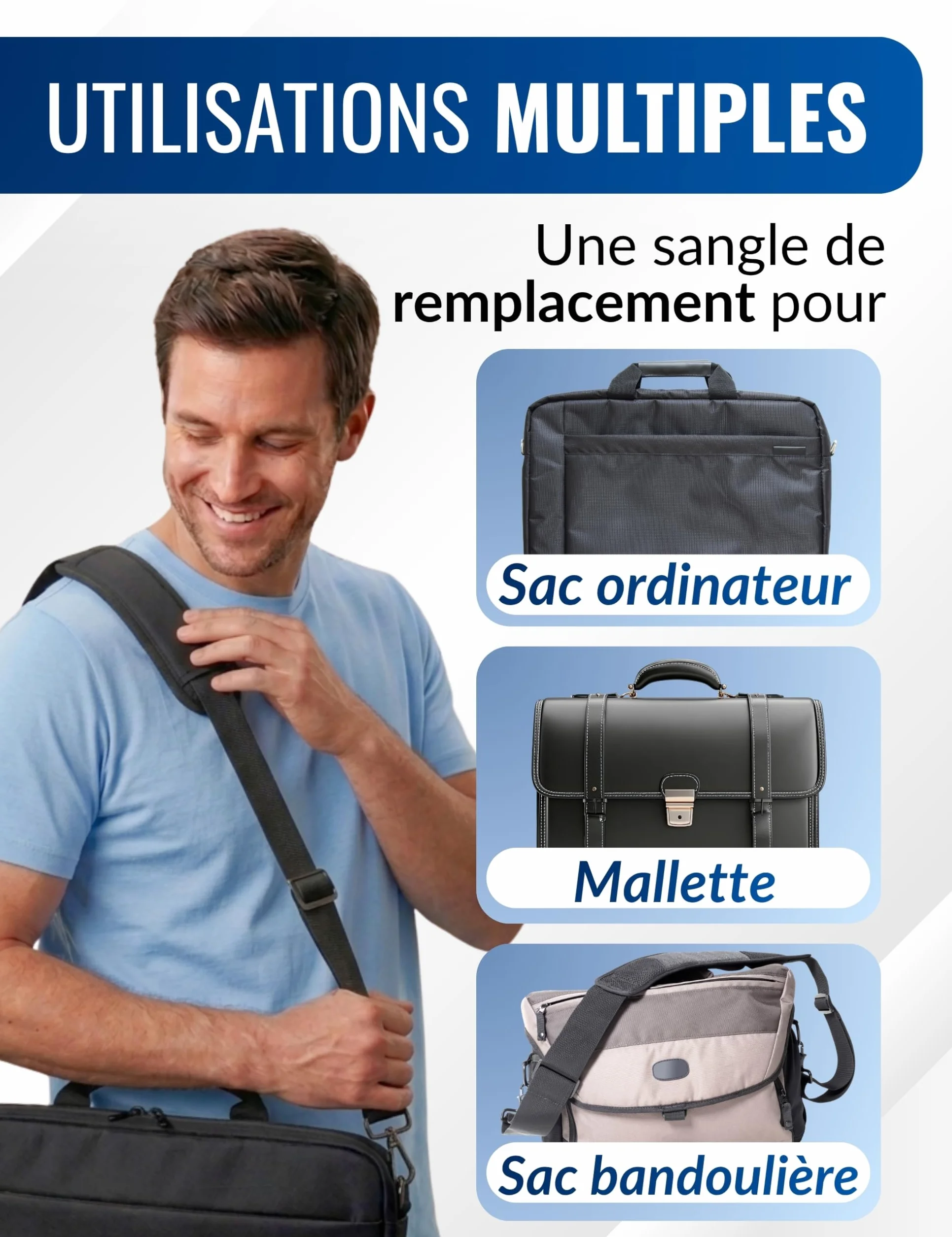 Sangle pour Sac à Main Universelle Réglable Antidérapante avec Crochets Métalliques - Bandoulière Argentée