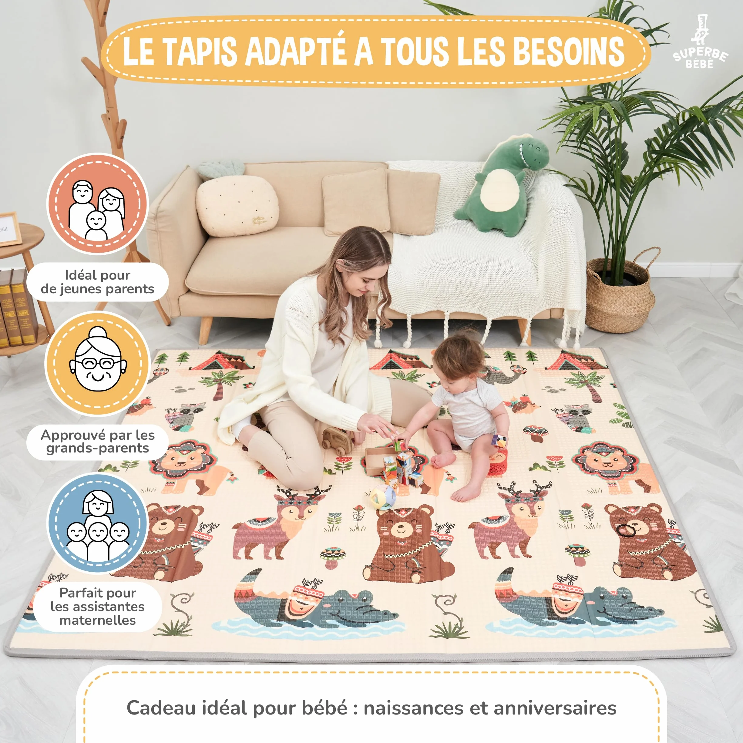 Tapis D'éveil Bébé Pliable Epais Réversible 180x200x1.5cm - Tapis De Jeu XXL En Mousse - Tapis De Motricité Sensoriel