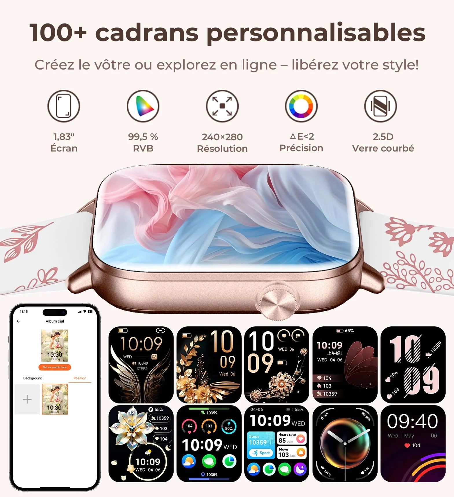 Montre Connectée Femme Iaret 1.83" Smartwatch 4 Bracelets Or Rose Appels HD 110+ Modes Sport Moniteur Cardiaque