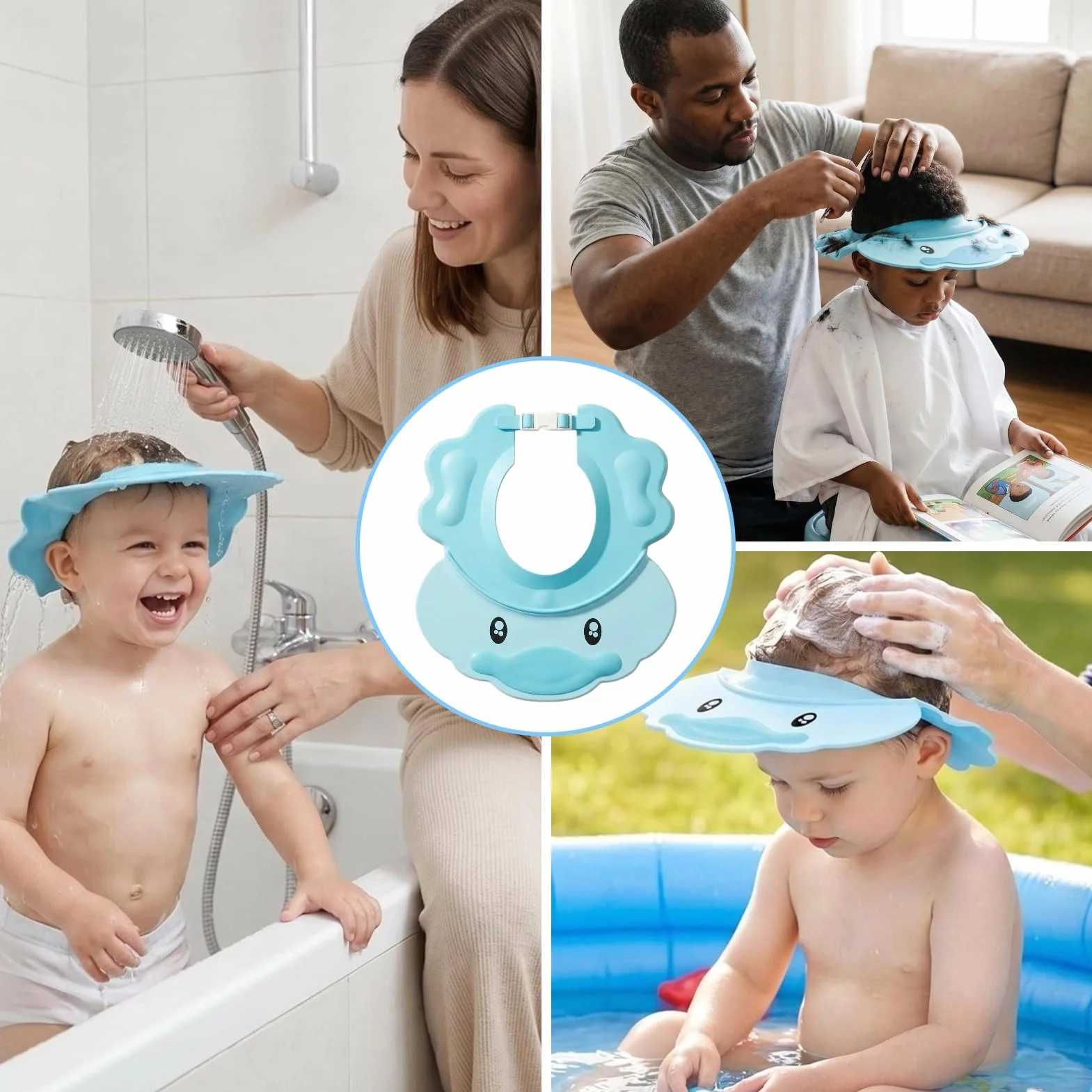 Bonnet de Douche Bébé Bleu Réglable Visière Protège Yeux et Oreilles