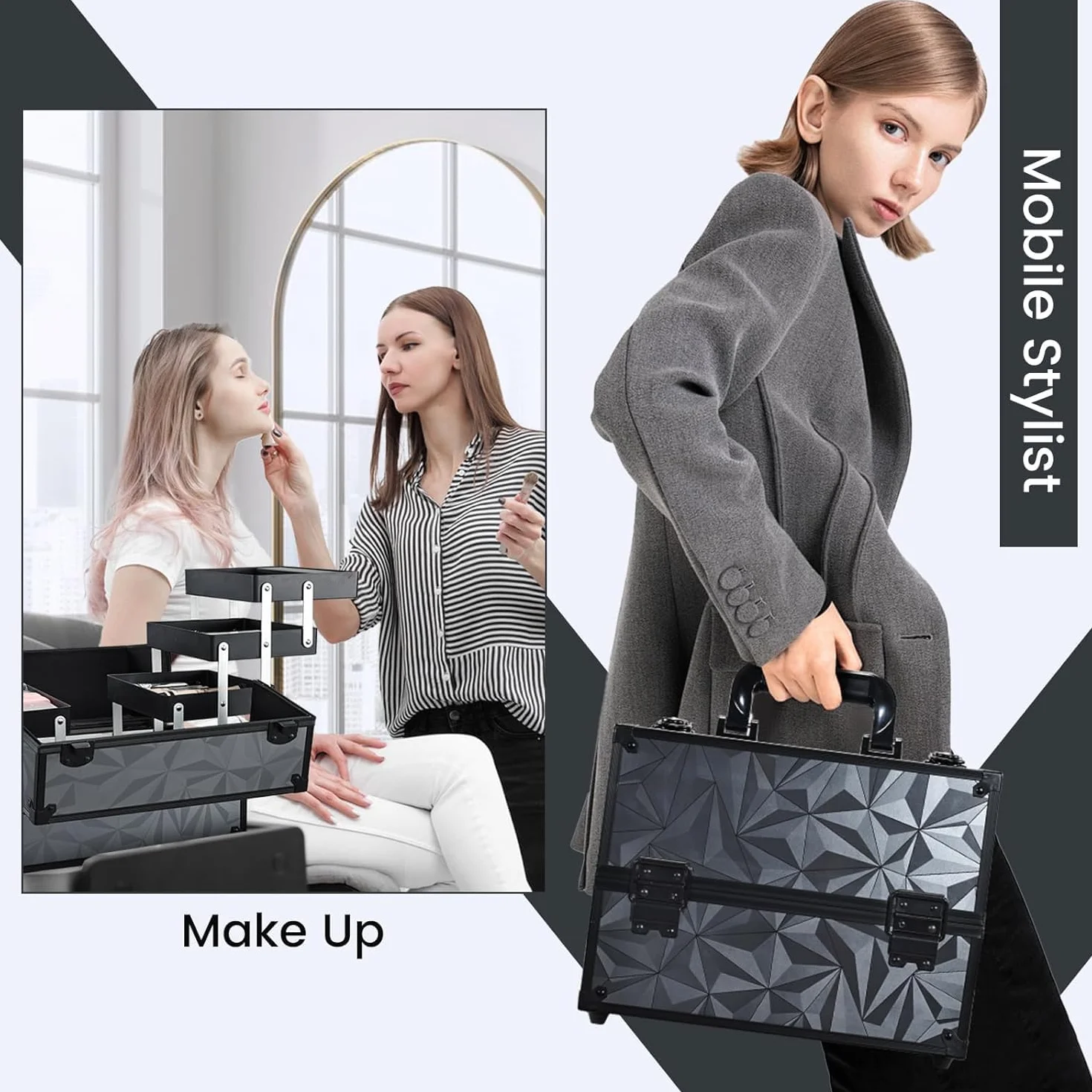 Mallette à Maquillage Valise Aluminium avec Doubles Serrures, Noir Grisâtre
