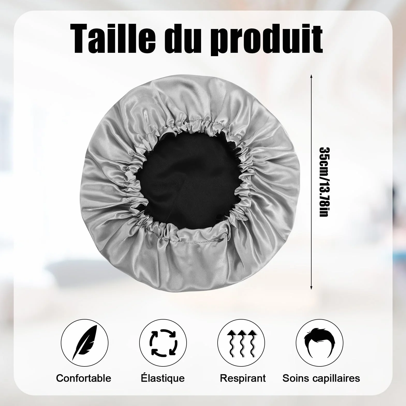 Bonnet en Satin pour Cheveux Nuit Homme Femme Respirant Ajustable Élastique Antidérapant, Bleu + Argent/Noir + Gris