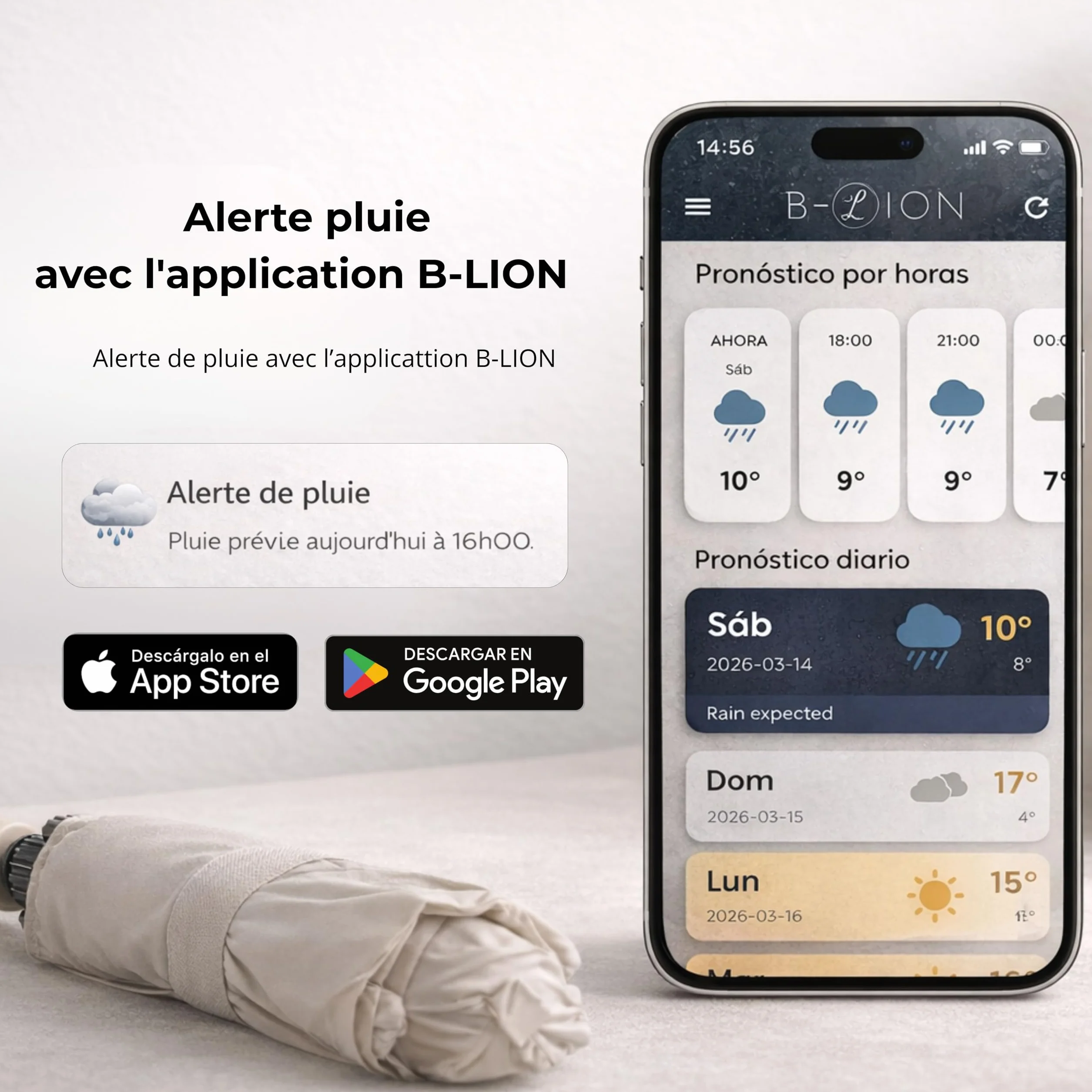 B-LION Parapluie Pliant Inversé 10 Baleines Renforcées Bande Réfléchissante Automatique Coupe-Vent Poignée Clip