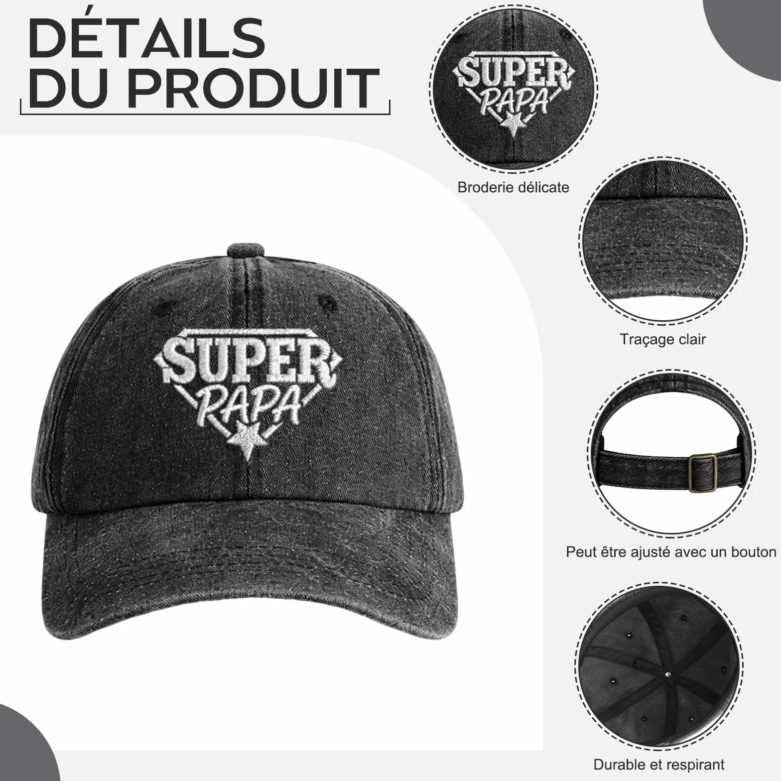 Casquette Super Papa Brodée Coton Lavé Réglable Cadeau Fête des Pères