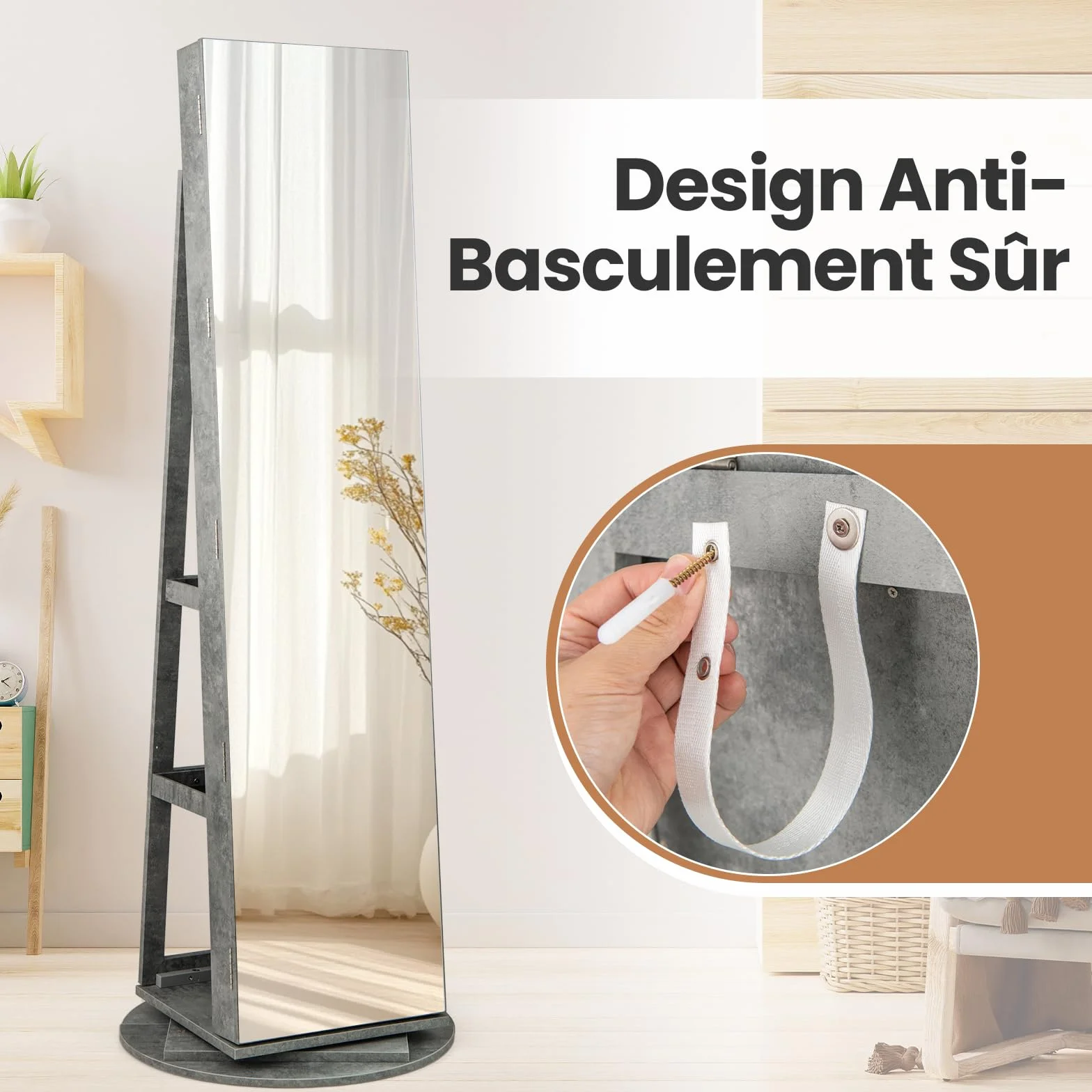 RELAX4LIFE Armoire à Bijoux Pivotante 360º avec Miroir Pleine Longueur, Éclairage LED, Gris