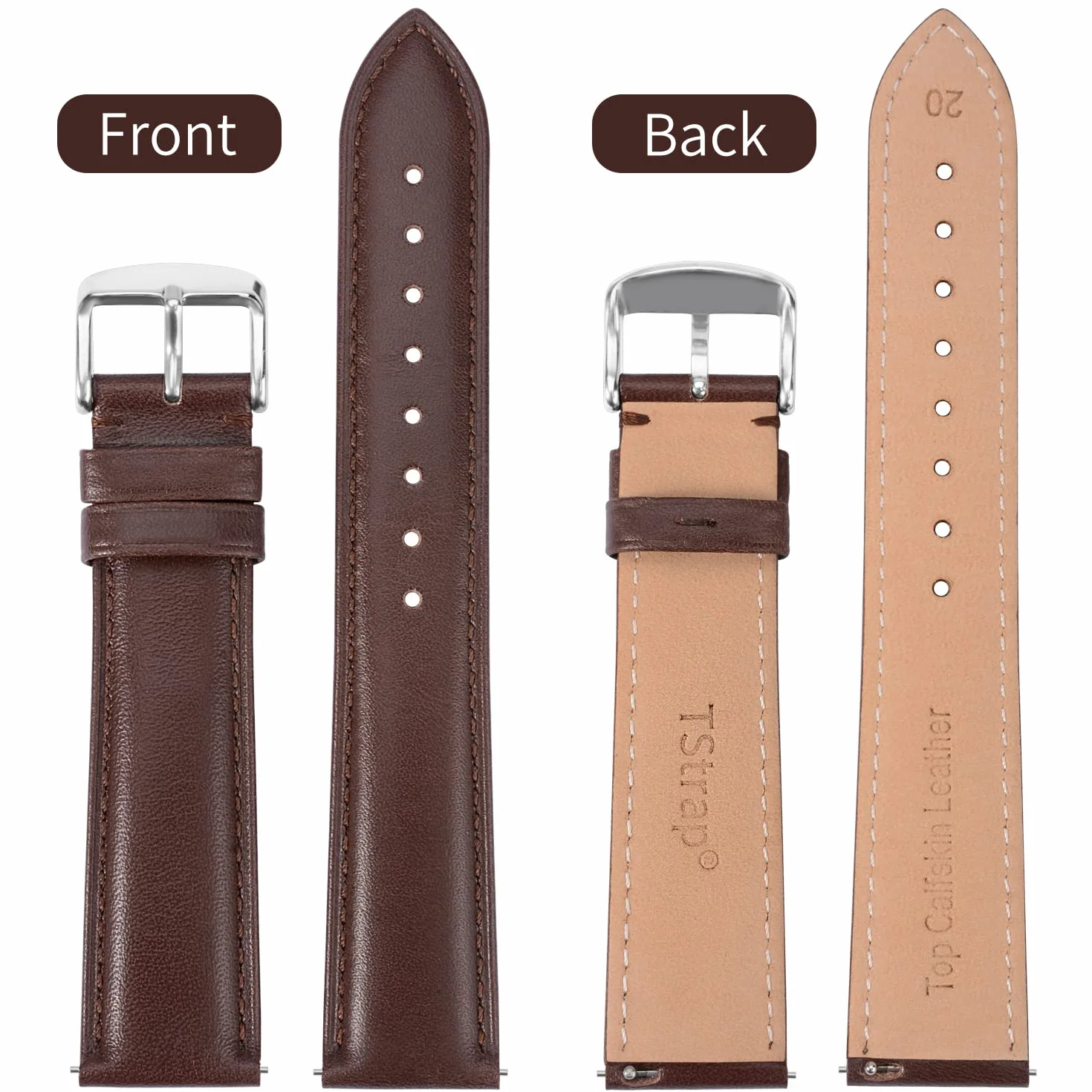 Bracelet de Montre Cuir 20mm Remplaçable Dégagement Rapide Marron Boucle à Ardillon Hommes Femmes