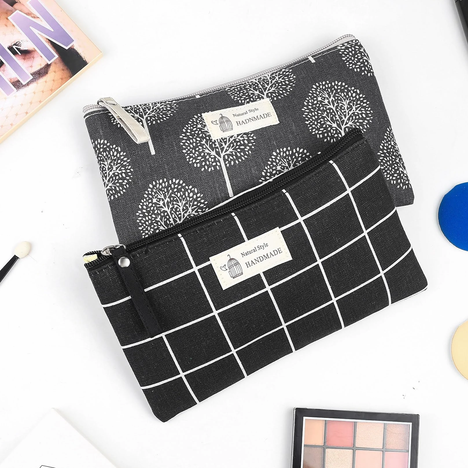 Pochette Cosmétique en Toile 4 Pièces, Sac de Toilette de Voyage avec Fermeture Éclair
