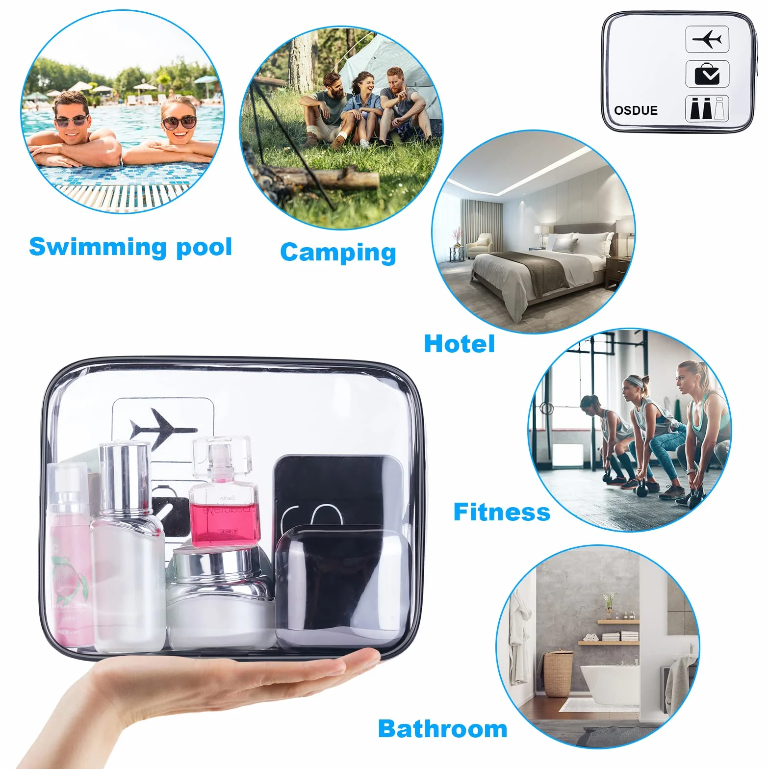 Trousse de Toilette Transparente PVC Étanche 2 Pièces Kit Voyage Avion Noir