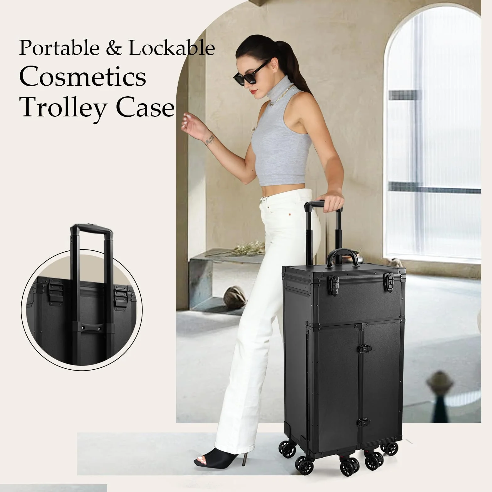 Valise de Maquillage Professionnel 6 Roues - Station Portable Trolley Noir Profond