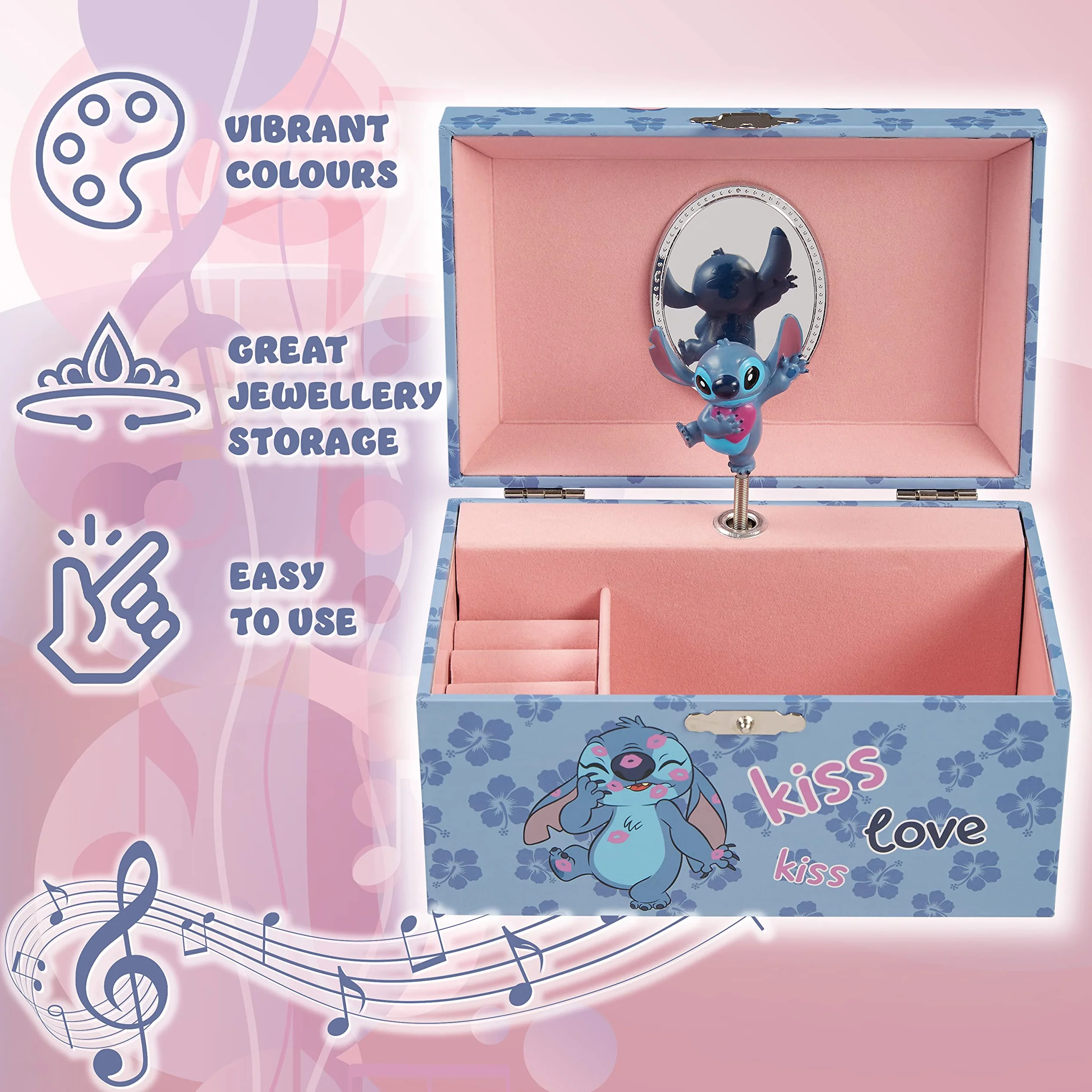 Disney Stitch Boîte à Bijoux Musicale pour Fille, Boite Souvenir à Remontoir Personnage Tournant, Rangement Bague, Déco Chambre, Cadeau Fille ou Ado (Bleu Stitch)