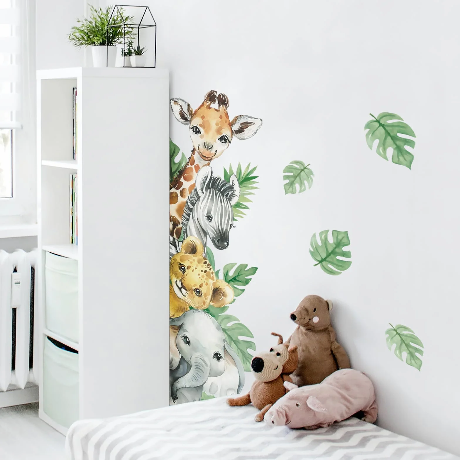 Tanlaby Stickers Muraux Animaux de la Jungle Autocollants Muraux Girafe Zèbre Feuilles Vertes pour Chambre Bébé Décoration Murale