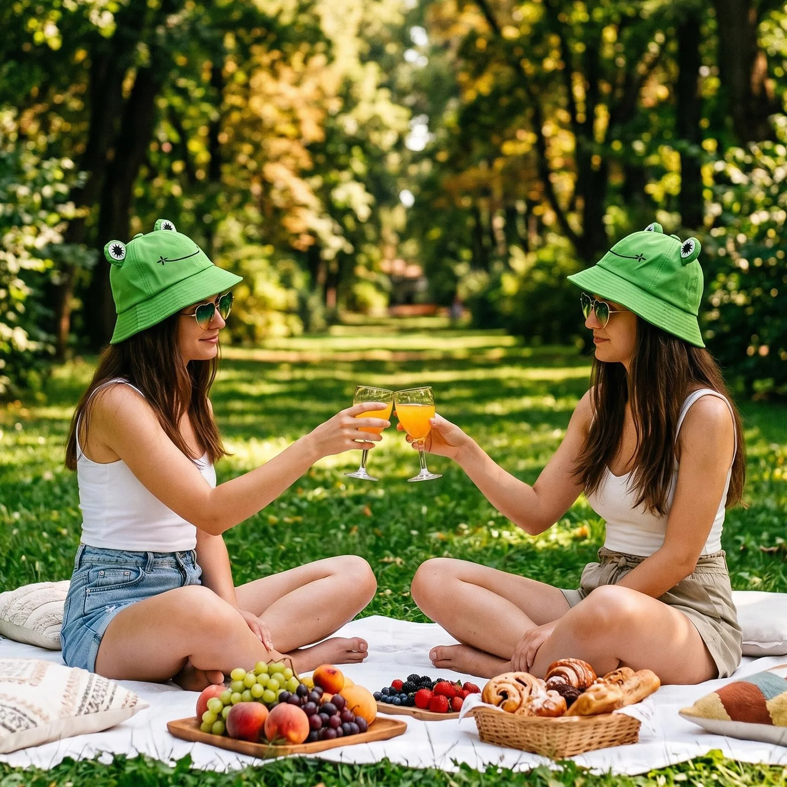 Grenouille Chapeau Bob Vert avec Lunettes Cœur Lot 2 Pièces Pliable Pêcheur Accessoire Soleil Plage Camping Randonnée Fête Été pour Femme Homme Adolescent