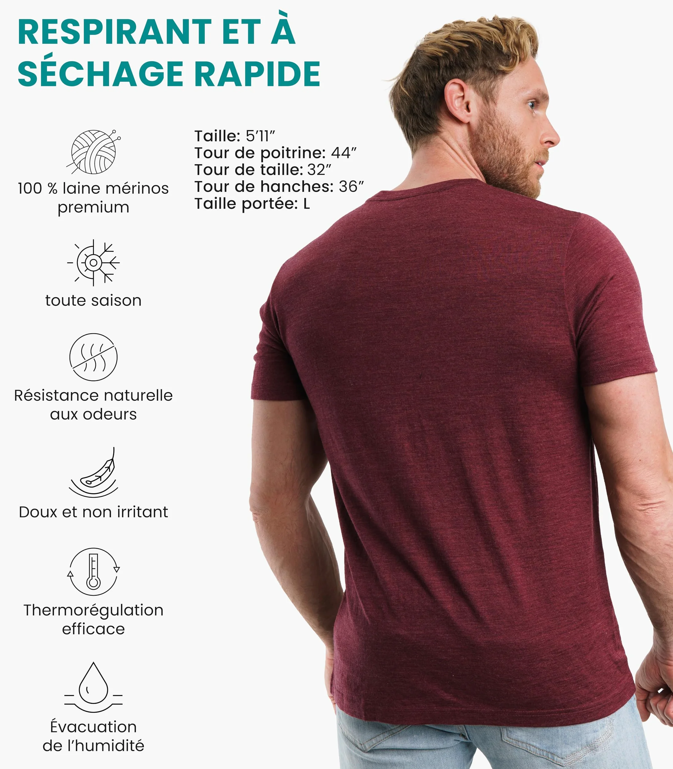 Merino.tech T-Shirt Mérinos Homme 100% Merino Wool Thermique avec Chaussettes