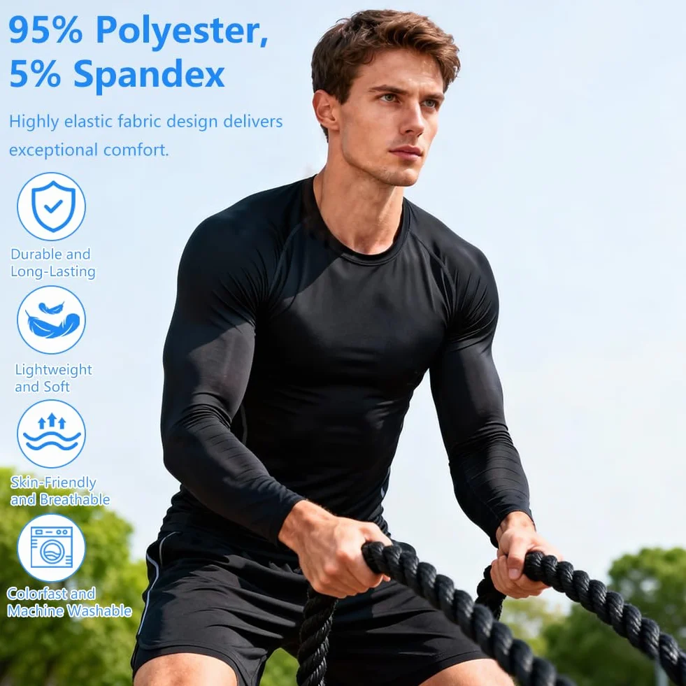Maillot Compression Manches Longues Sport Homme Baselayer Séchage Rapide Respirant Fitness Running