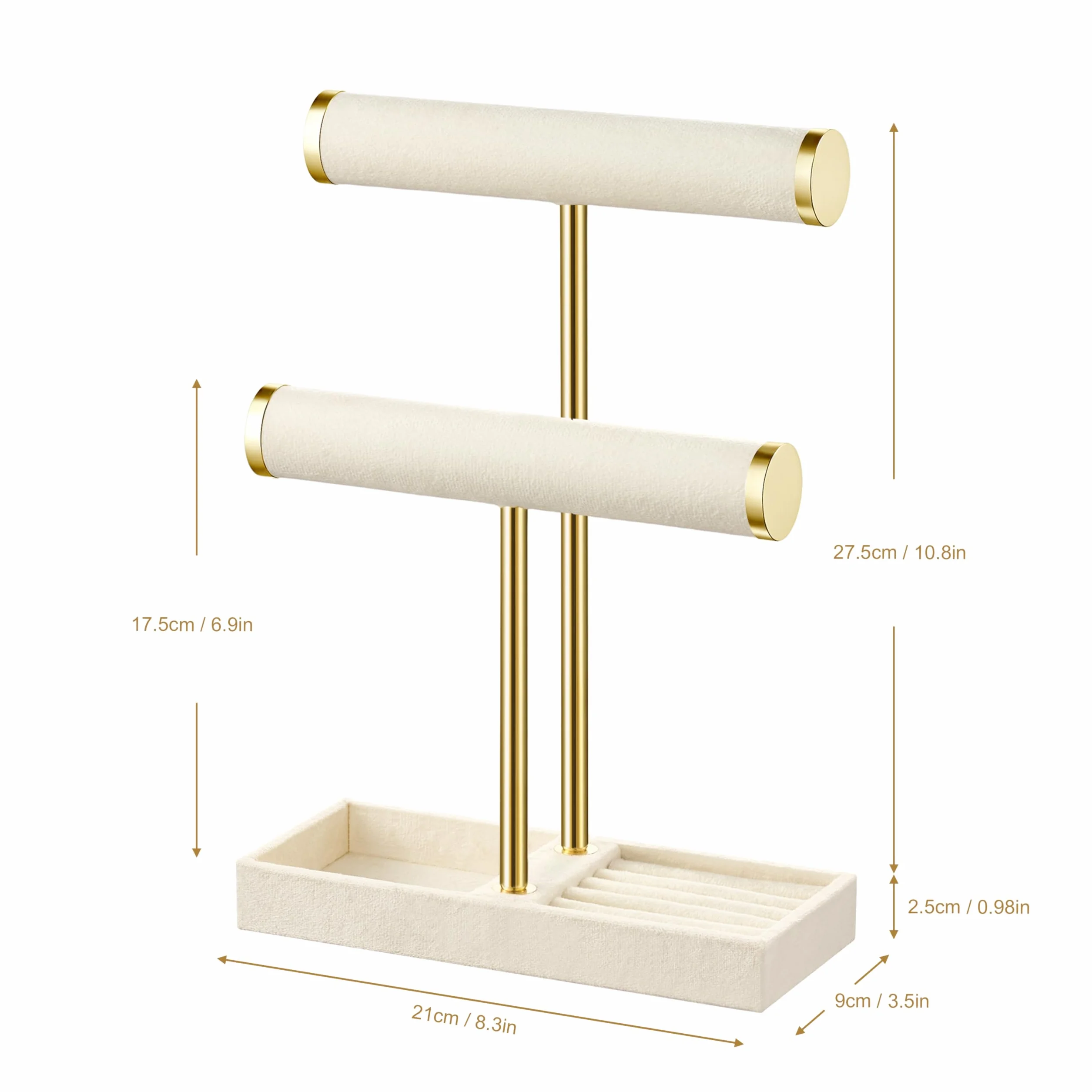 Organisateur de Bijoux à 2 Niveaux Beige - Porte-Bracelets en Velours Amovible pour Bracelets, Colliers, Montres