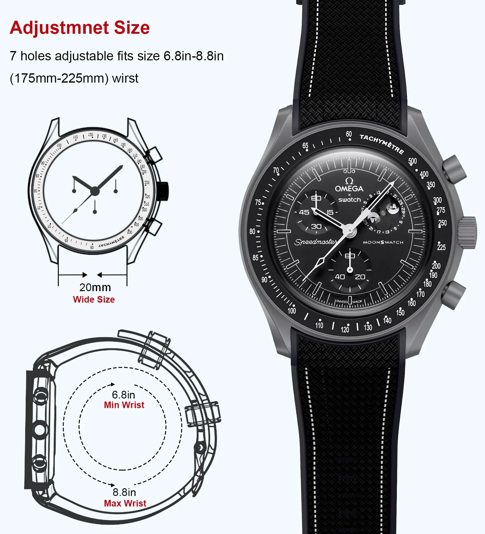 Bracelet de rechange incurvé en silicone compatible Omega X Swatch 20 mm Moonswatch Speedmaster